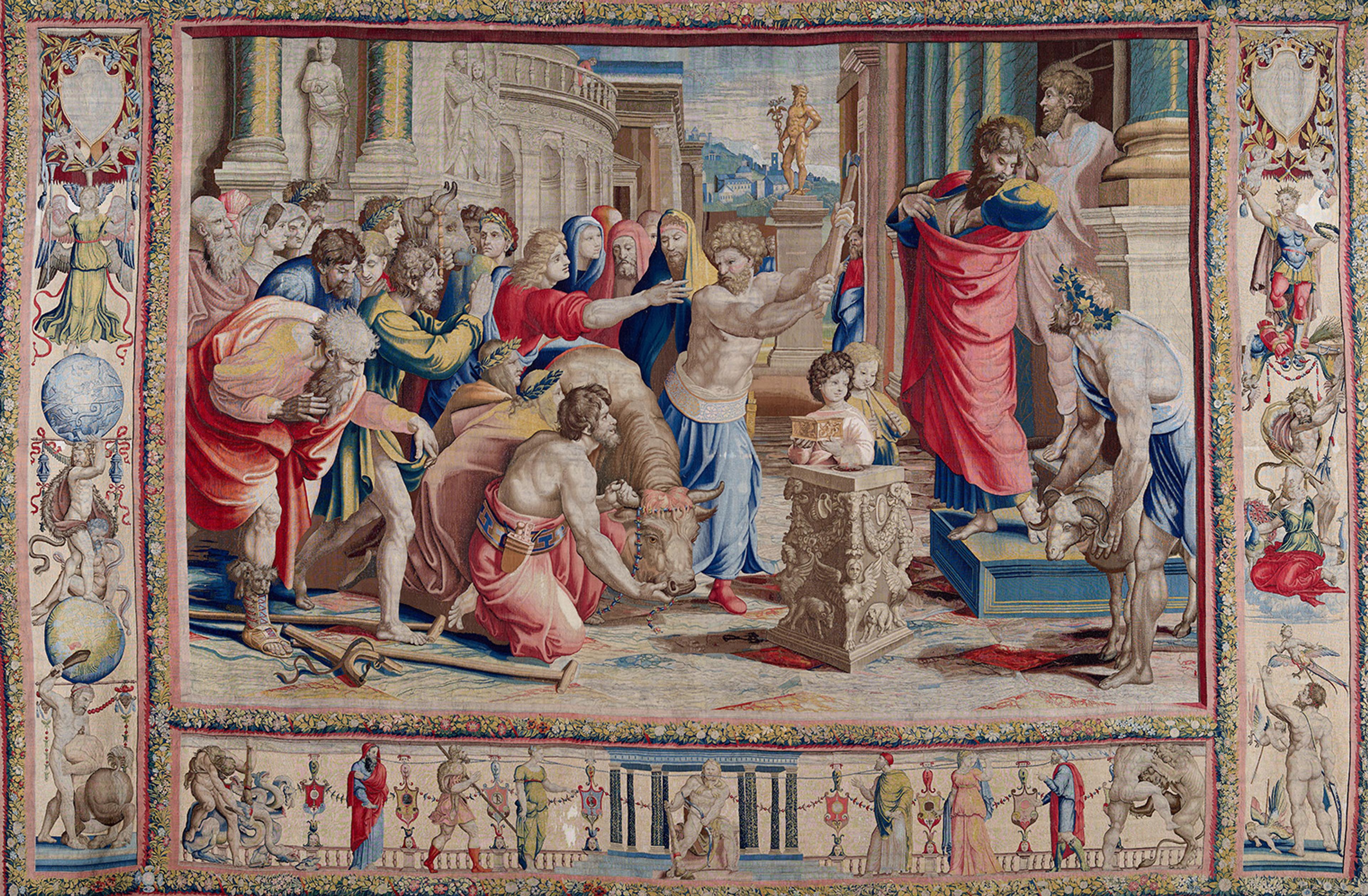 A colorful tapestry depicting an ancient scene with a crowd in vibrant robes, a bull, and Roman architecture. 