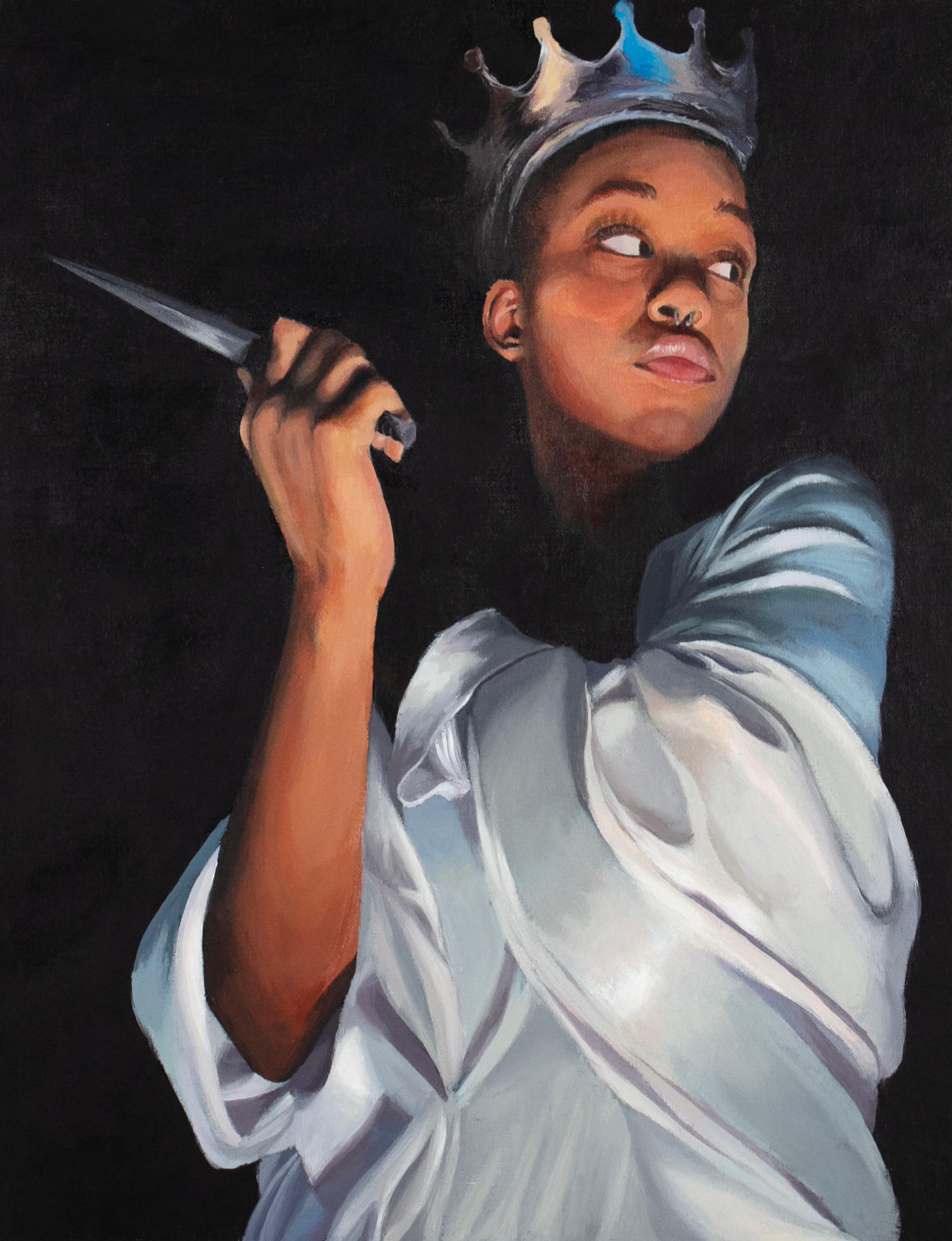 Acrylic painting of an adolescent Black female standing and wearing a satin robe and a silvery crown. She faces to the right, looking over her left shoulder, her eyebrows fully raised, staring at something behind her back and outside the canvas. Her right wrist and forearm are exposed, and she holds up a silvery knife in her right hand. The blade is facing left. The girl is painted in extreme underlit contrast, and her figure emerges dramatically from a pitch black background. 