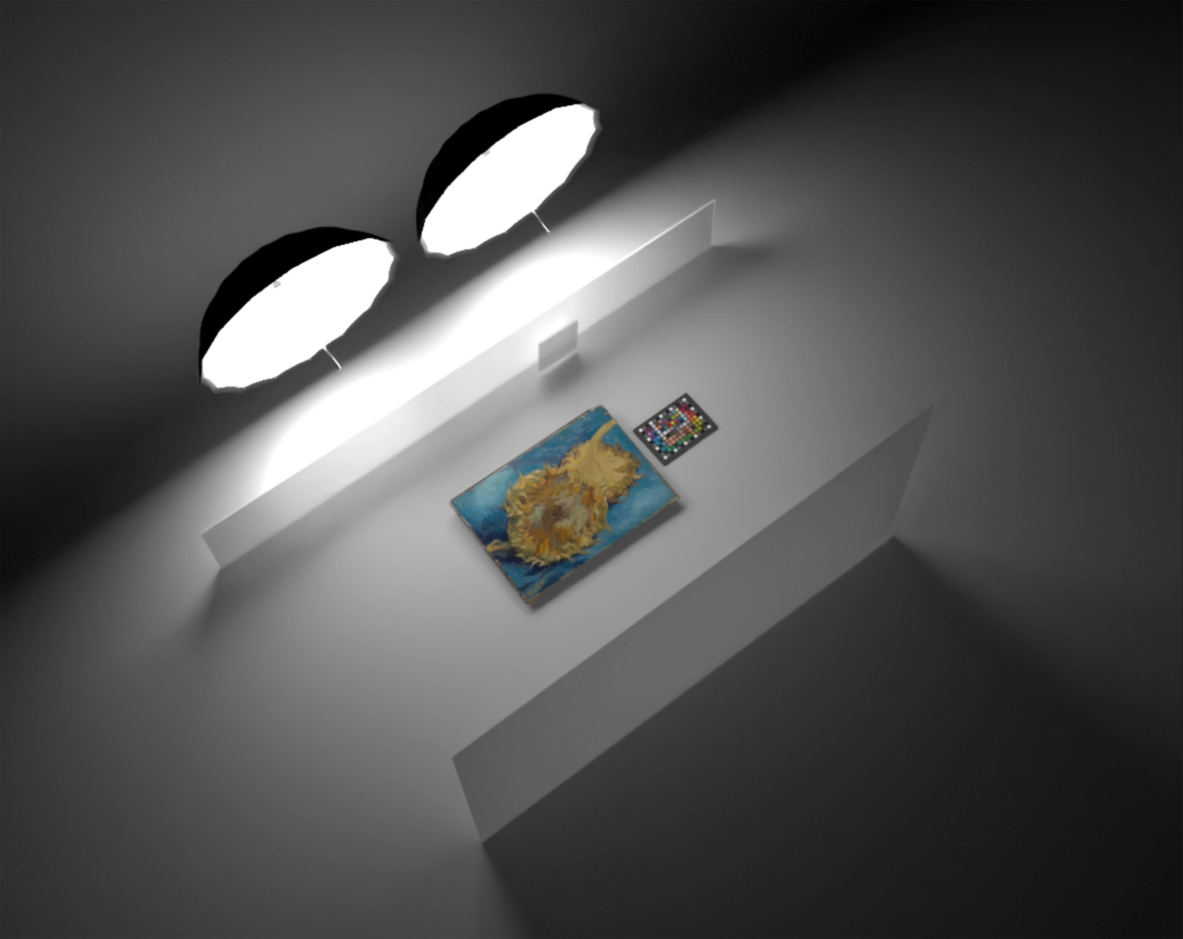 Sunflowers is set between two white planes. Two bright light umbrellas illuminate the work from the top of the frame.