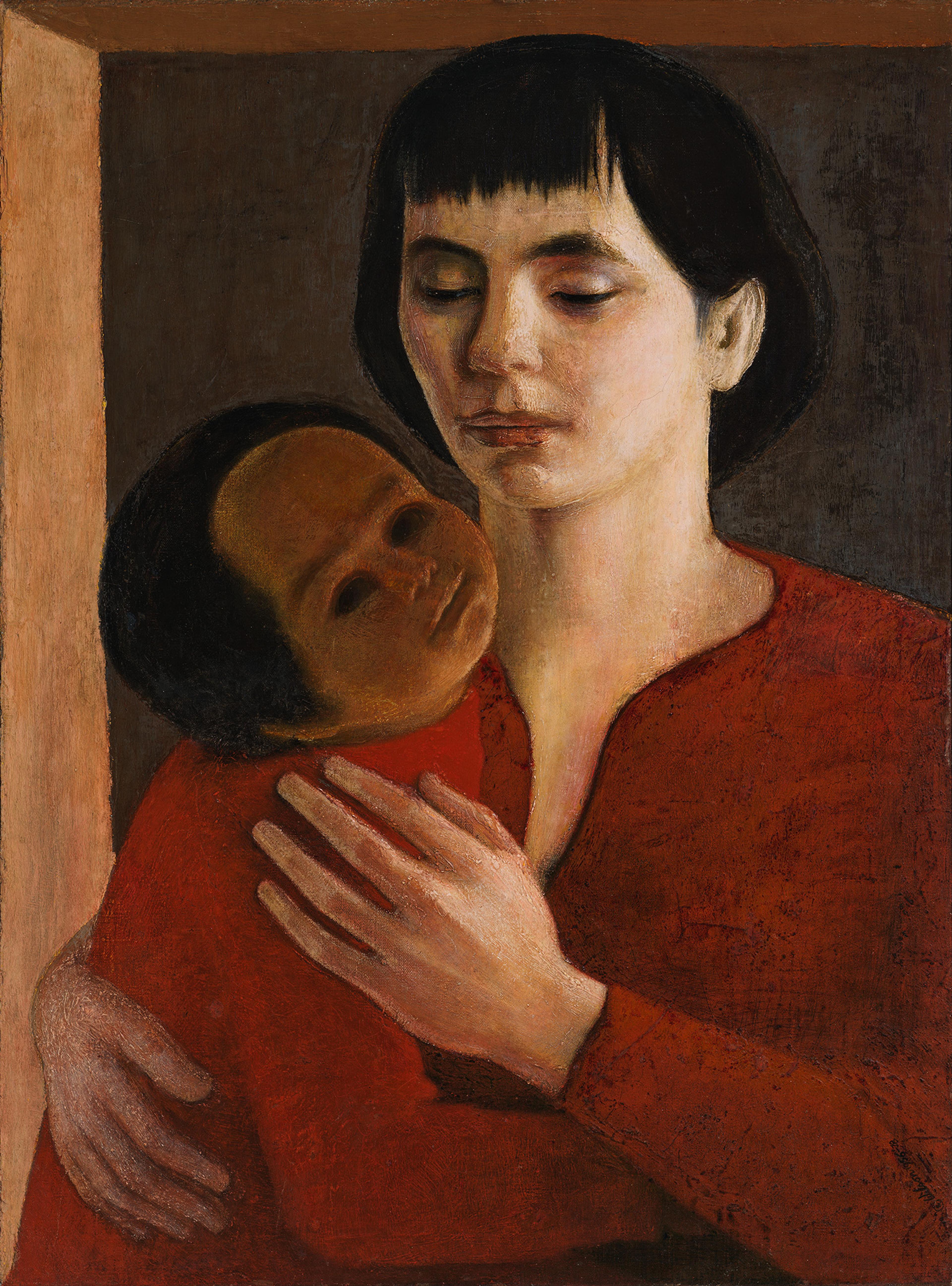 painting of a woman with short dark hair cradling a child in red.