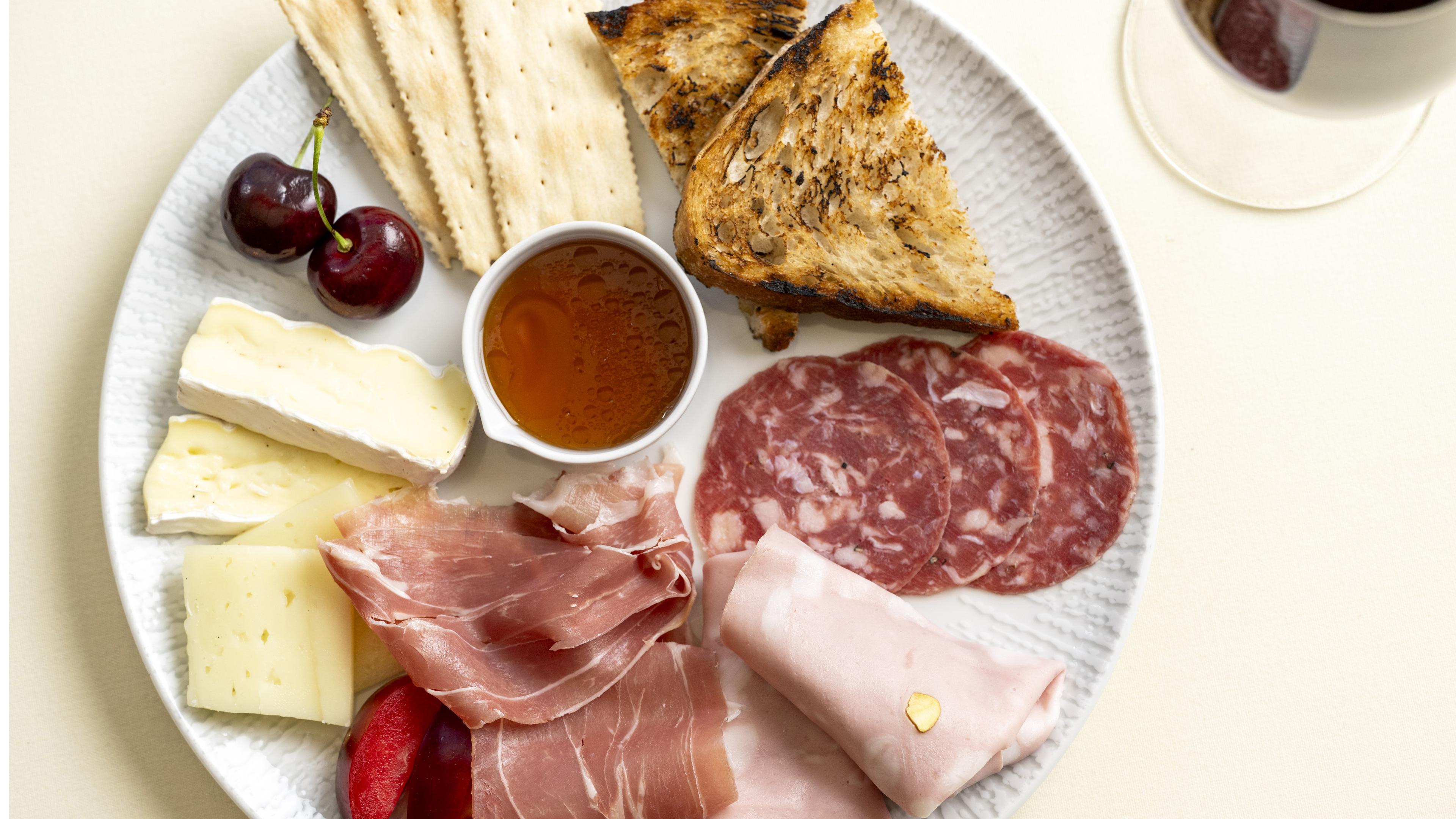 Overhead view of a charcuterie plate.