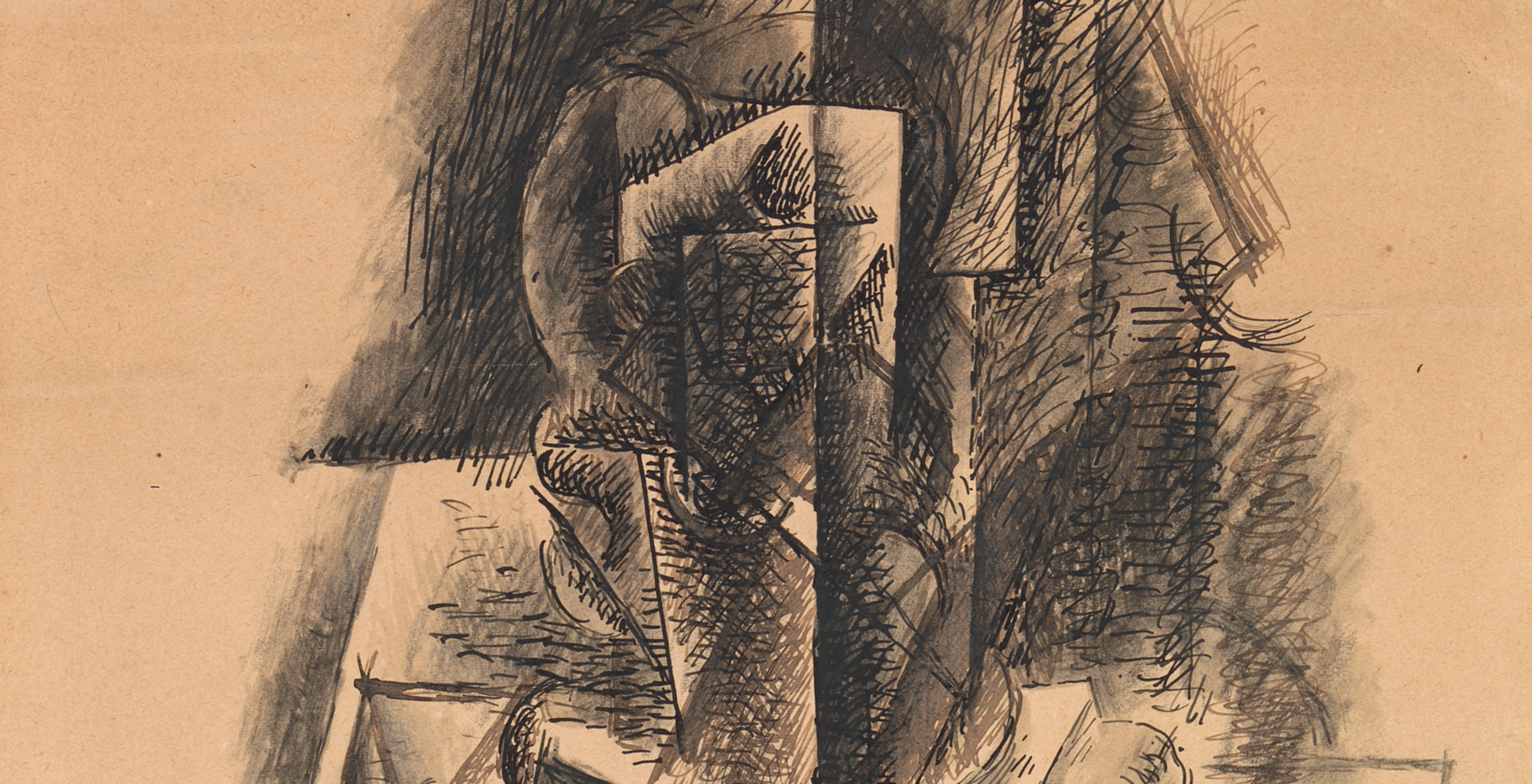 Ink and charcoal painting with a vertical figure of a woman created through scaffolding of planes and using curved and diagonal lines to make out the body