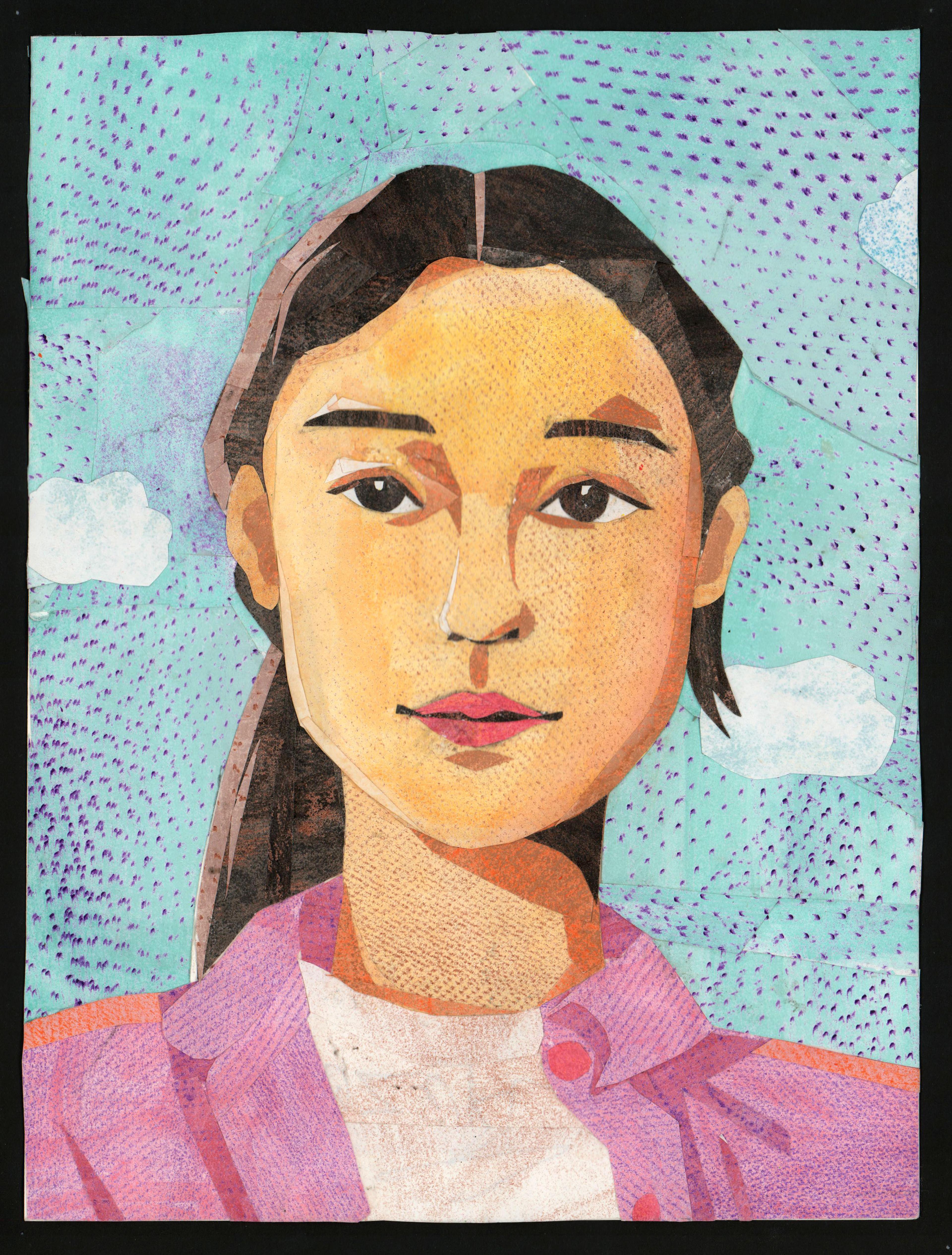Mixed-media-collage self-portrait of an adolescent Asian girl with dark eyes and long dark hair tied behind her head, facing the viewer and wearing a pink collared shirt over a white T-shirt. The girl is faintly smiling. The background is a teal sky with a pair of small white clouds and covered in tiny  purple dots that resemble a halftone pattern.