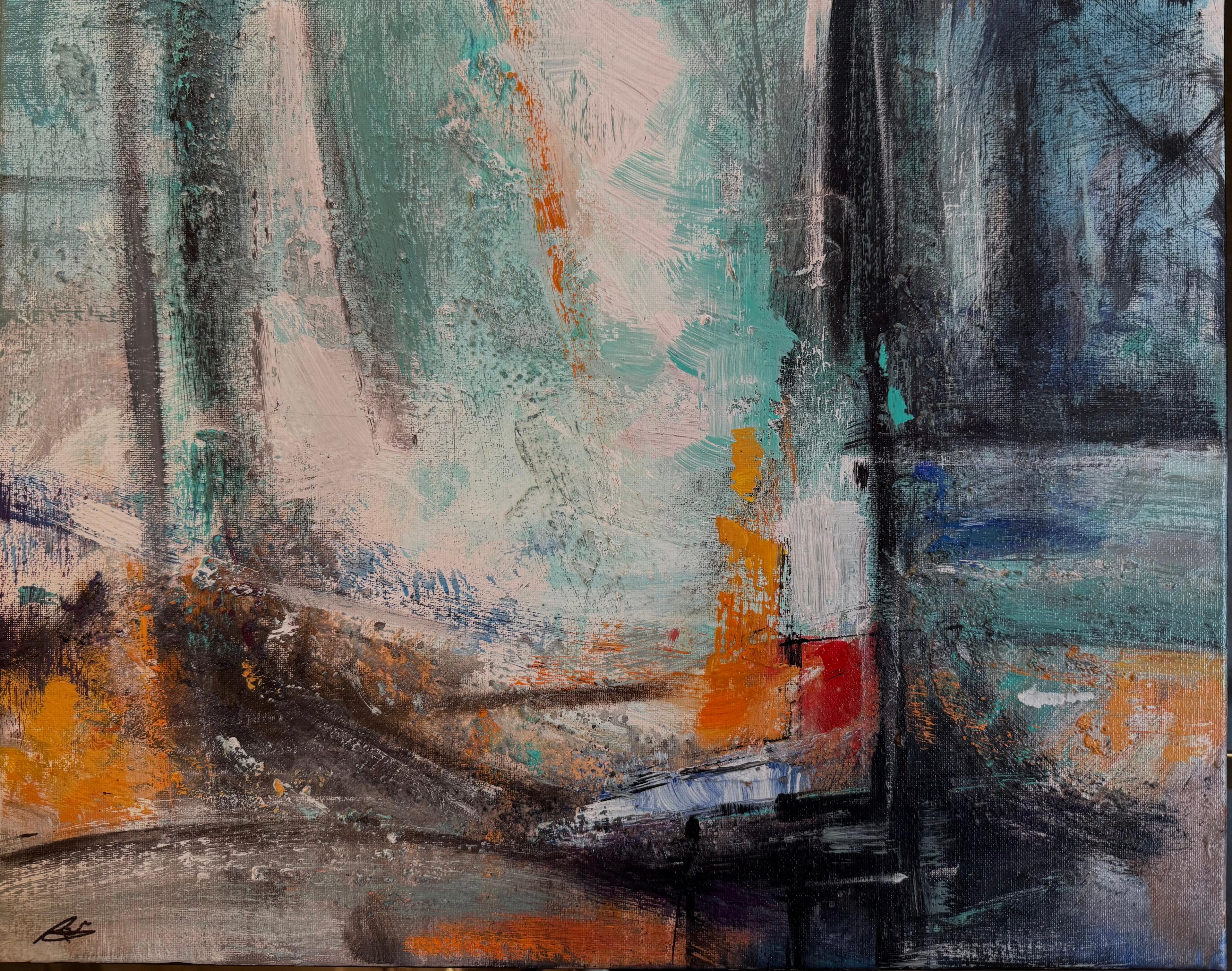 Abstract painting with blue, white black and orange hues