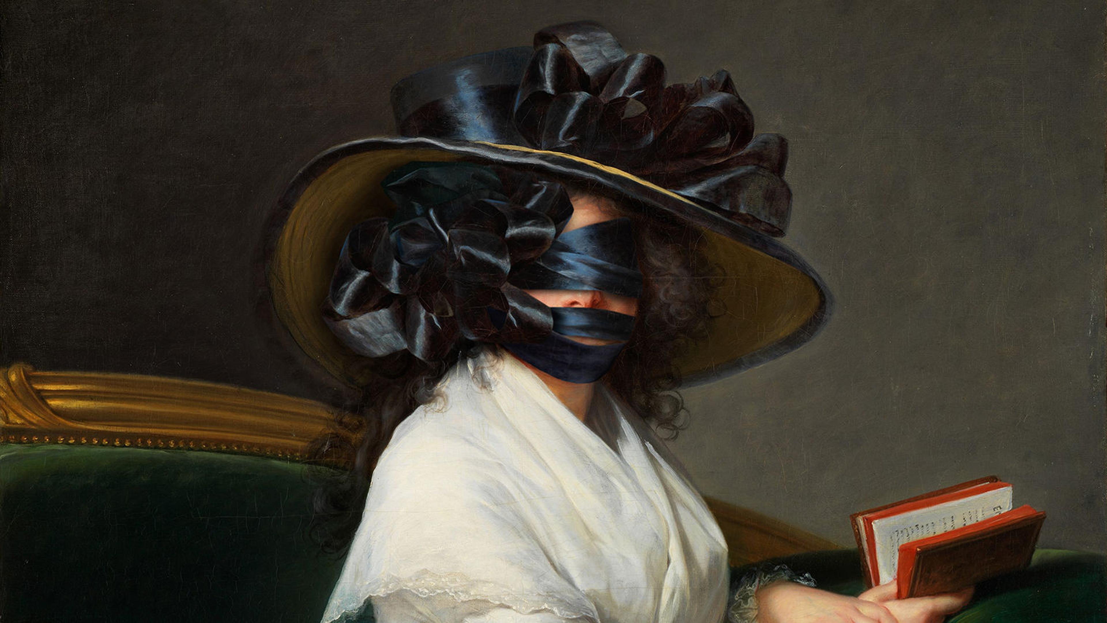 painting of a woman in a white dress wearing a broad hat sitting with a book with ribbon covering her face
