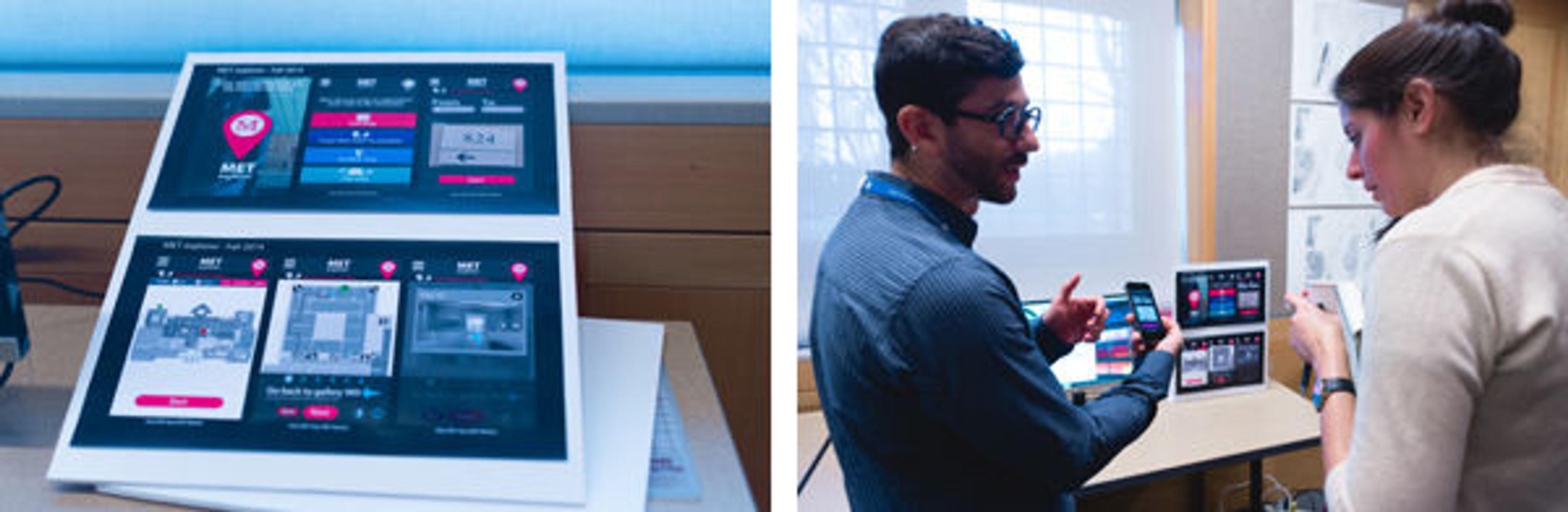 Left: Rodrigo Narciso Gouveia's mobile app. Right: Gouveia demonstrates his wireframe and prototype of the mobile app to museum staff 