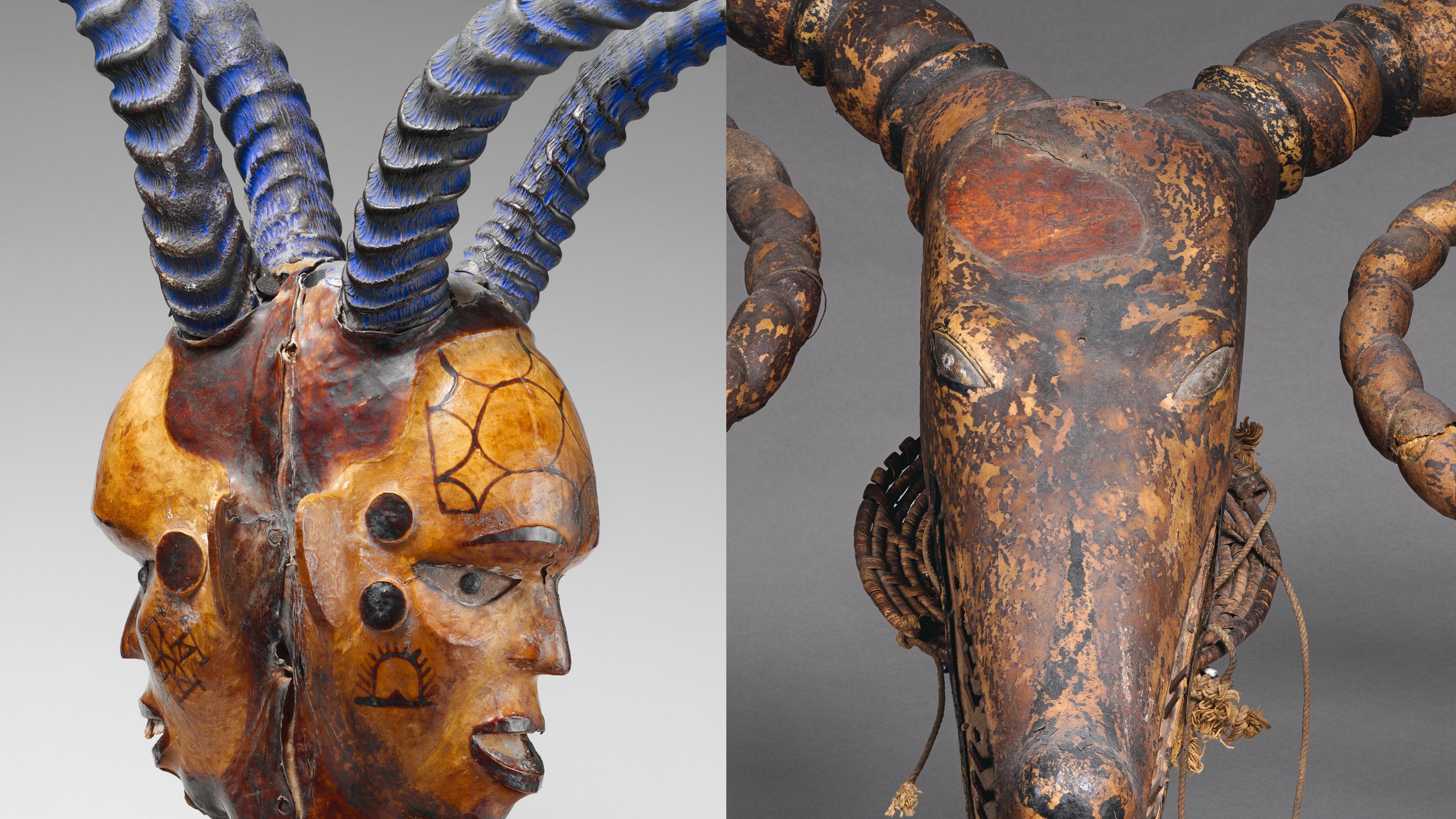 On the left, a two-faced headdress, known as a dance crest, with horns. On the right, a crocodilian dance crest with curving horns.