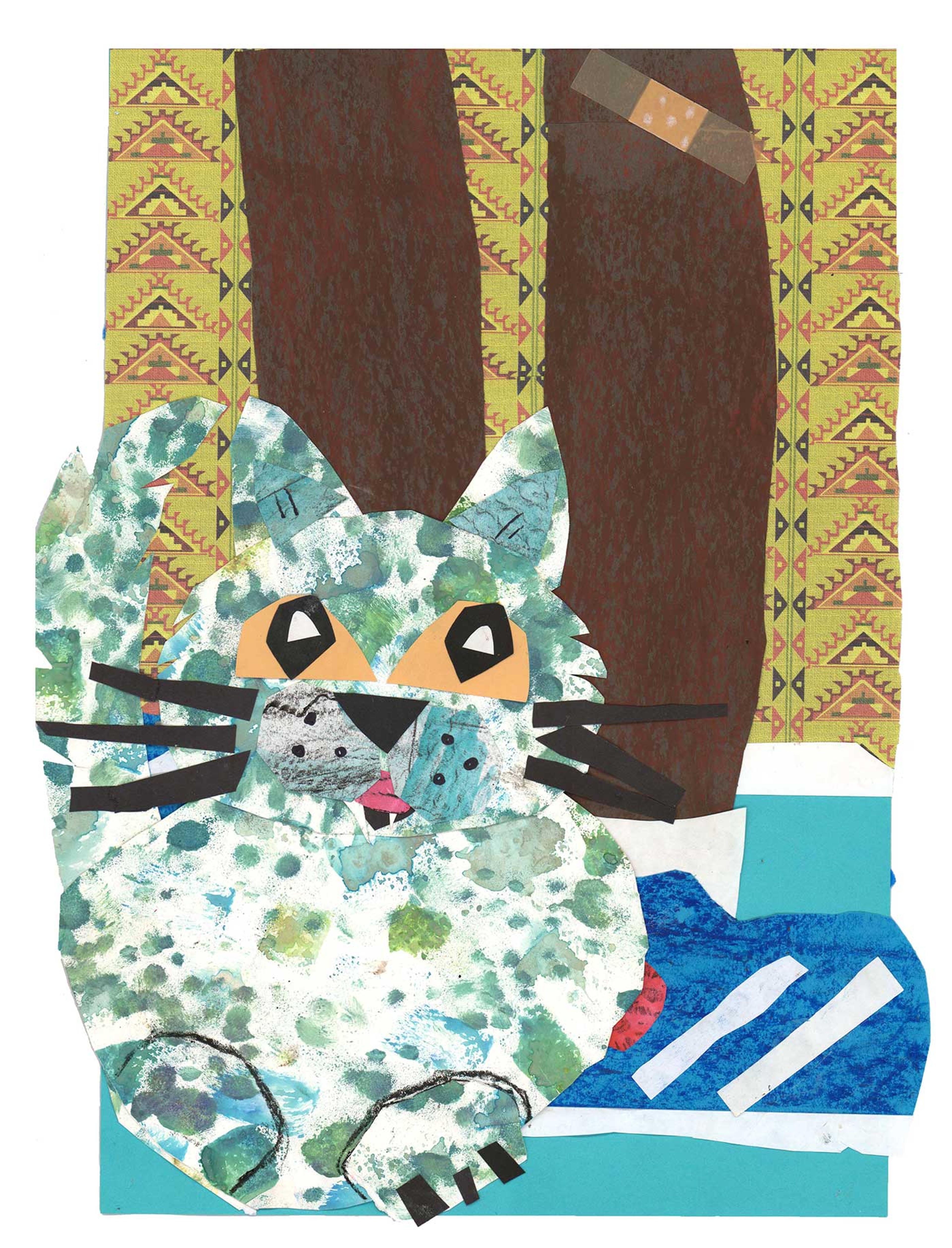 Picture of a white cat sitting in front of a pair of legs wearing blue sneakers and a bandaid on one knee.