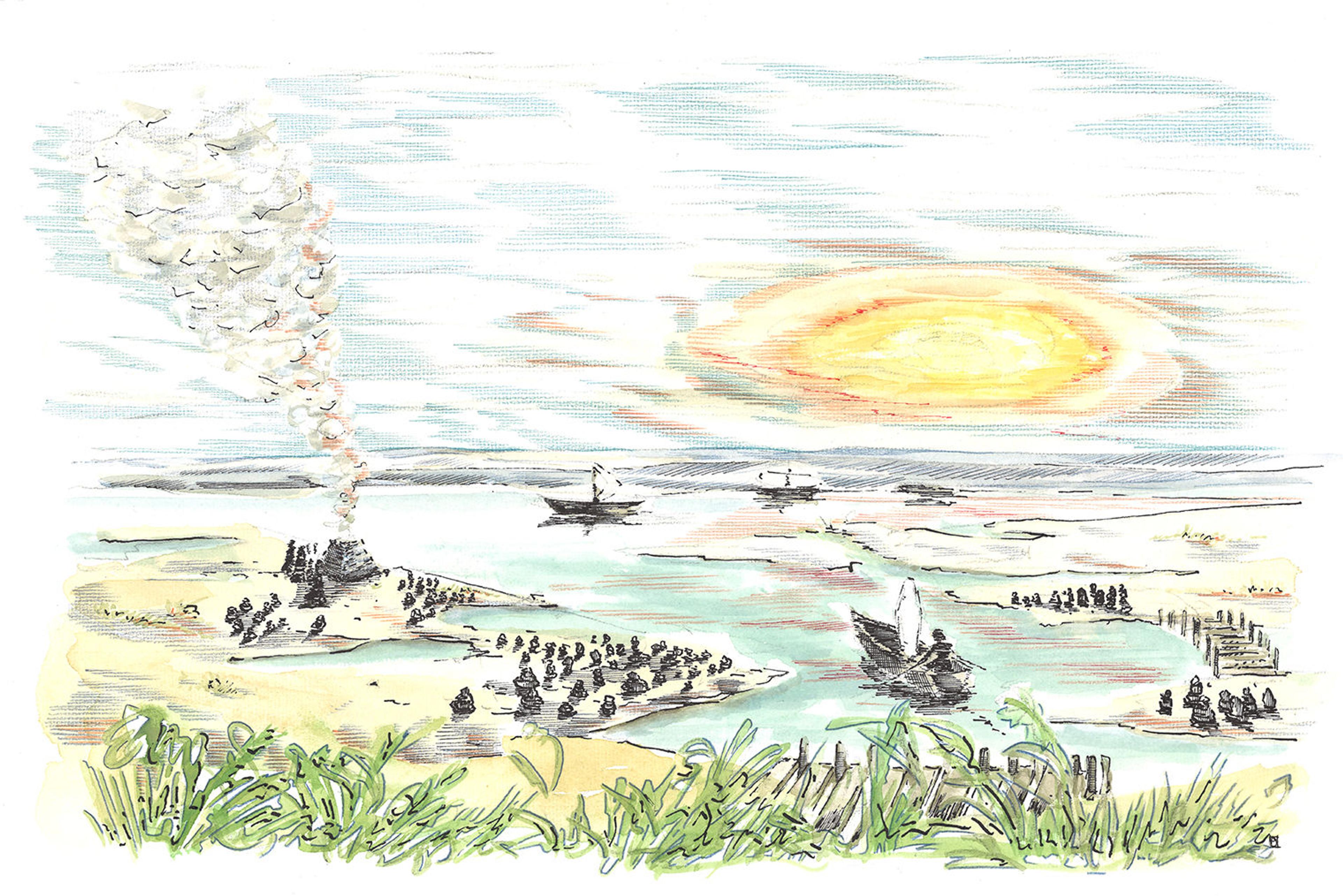 Drawing that reconstructs the necropolis. A low, orangey sun on the horizon illuminates small ships in the waters of a lagoon. Separate clusters of graves dot the shoreline on the banks surrounding the water.