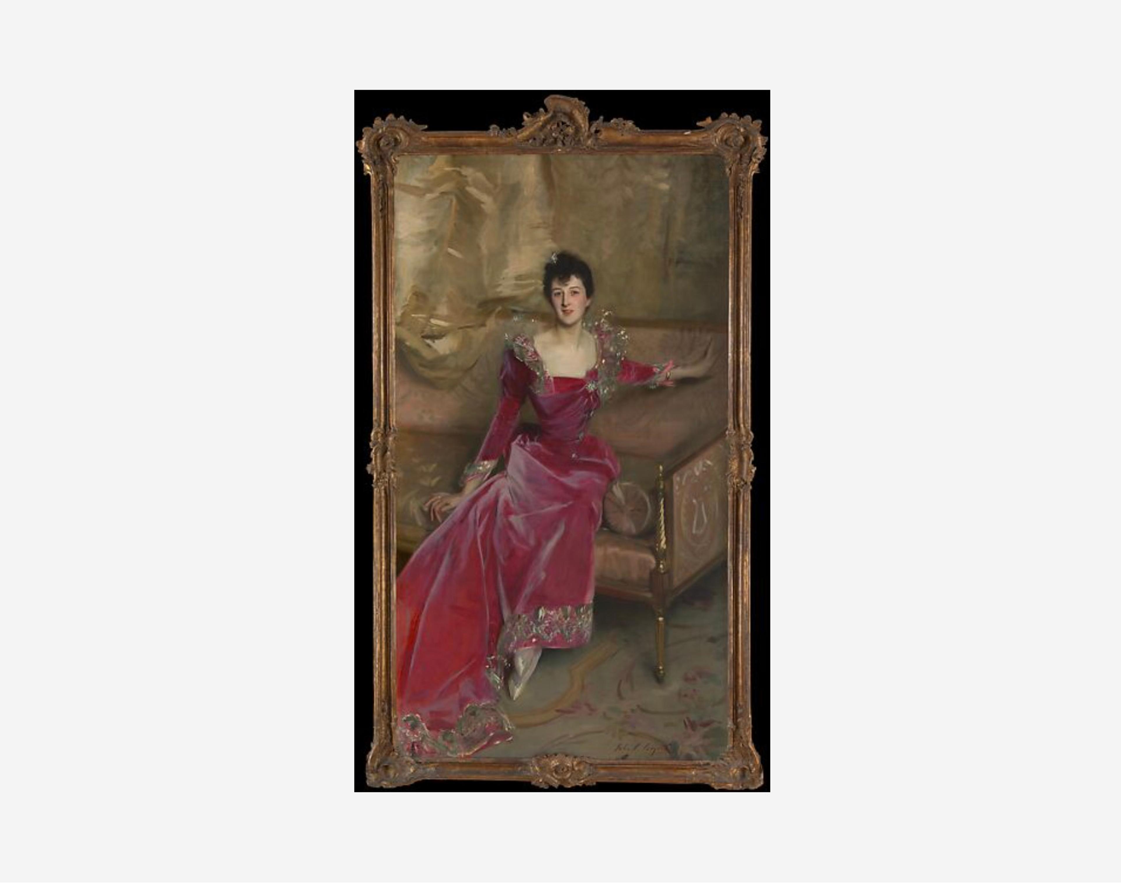 A painting of a woman in a vibrant pink gown seated on a sofa.