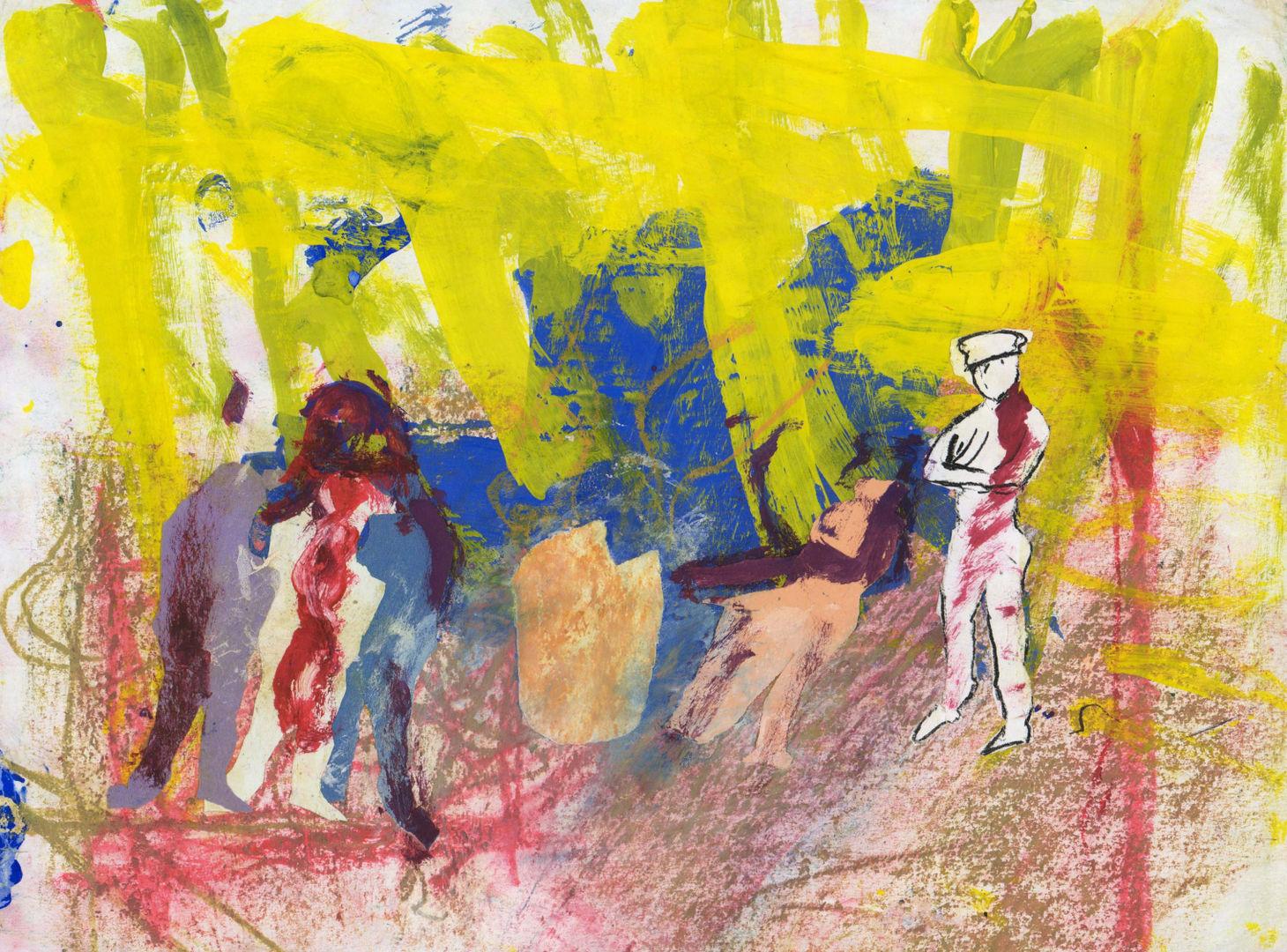 Drawing of figures against a colorful background