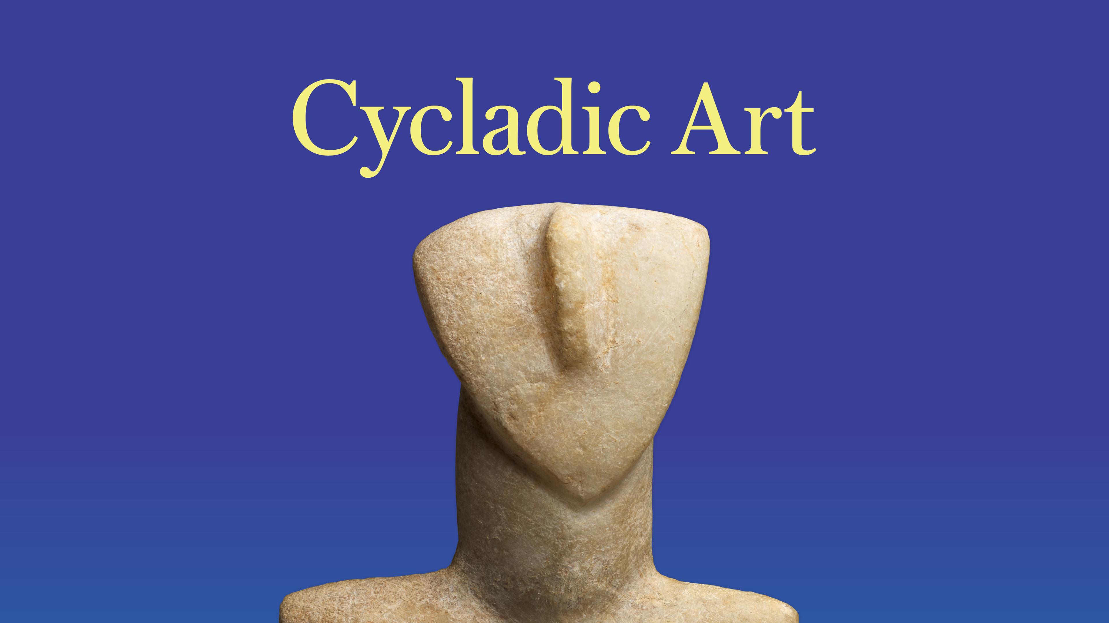A marble carving of a female figure on a blue background with the words Cycladic Art