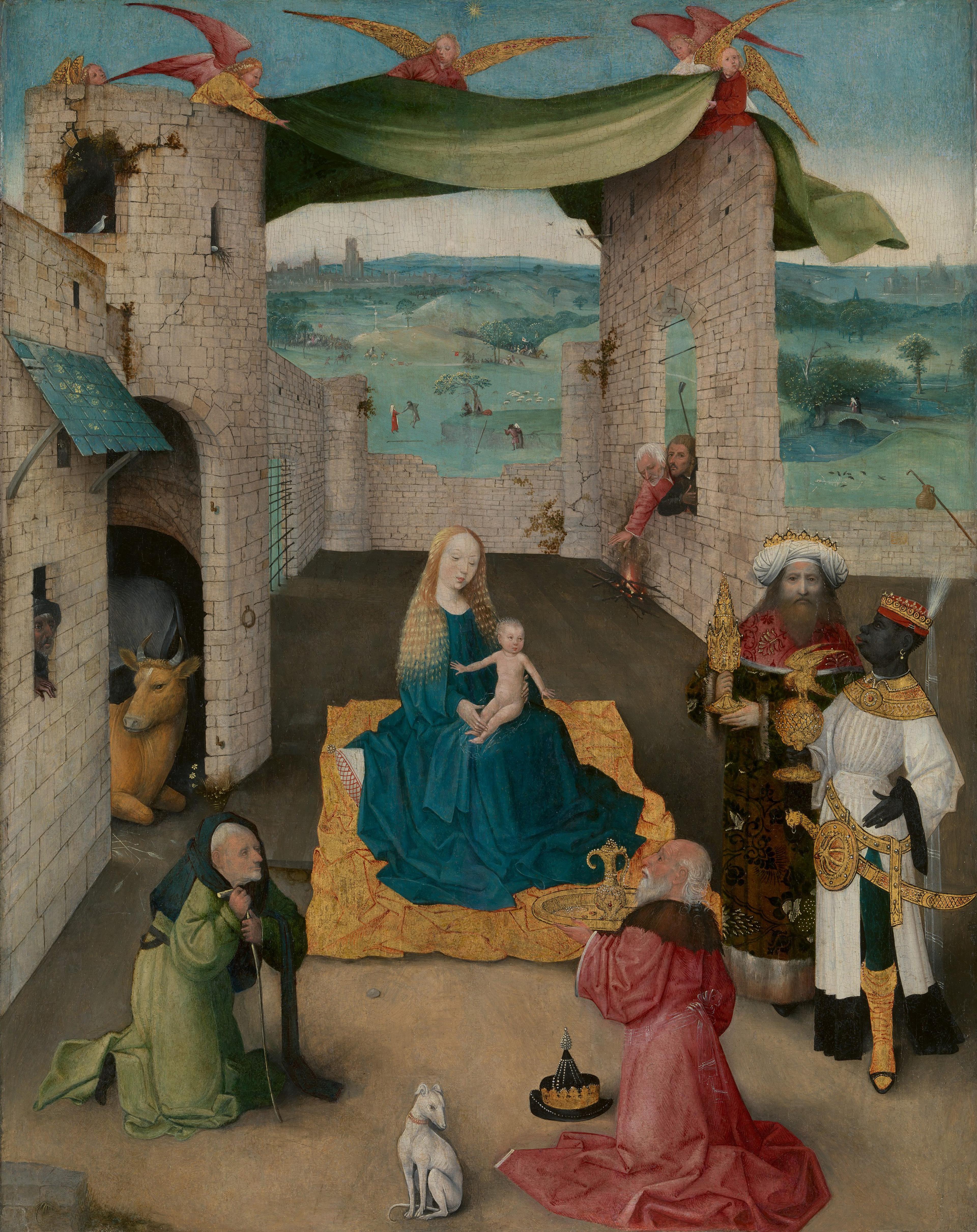 Painting of the "Adoration of the Magi" by Hieronymus Bosch showing the Virgin Mary seated in a stable with the infant Christ, surrounded by kneeling and standing kings offering gifts, with angels holding a green curtain overhead.