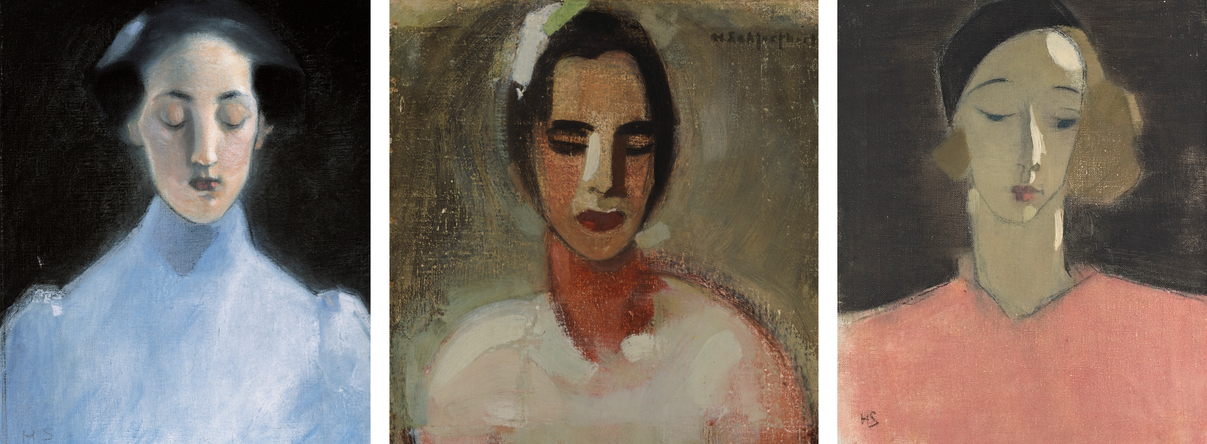 Three paintings shown side by side, each depicting a woman with downcast eyes.