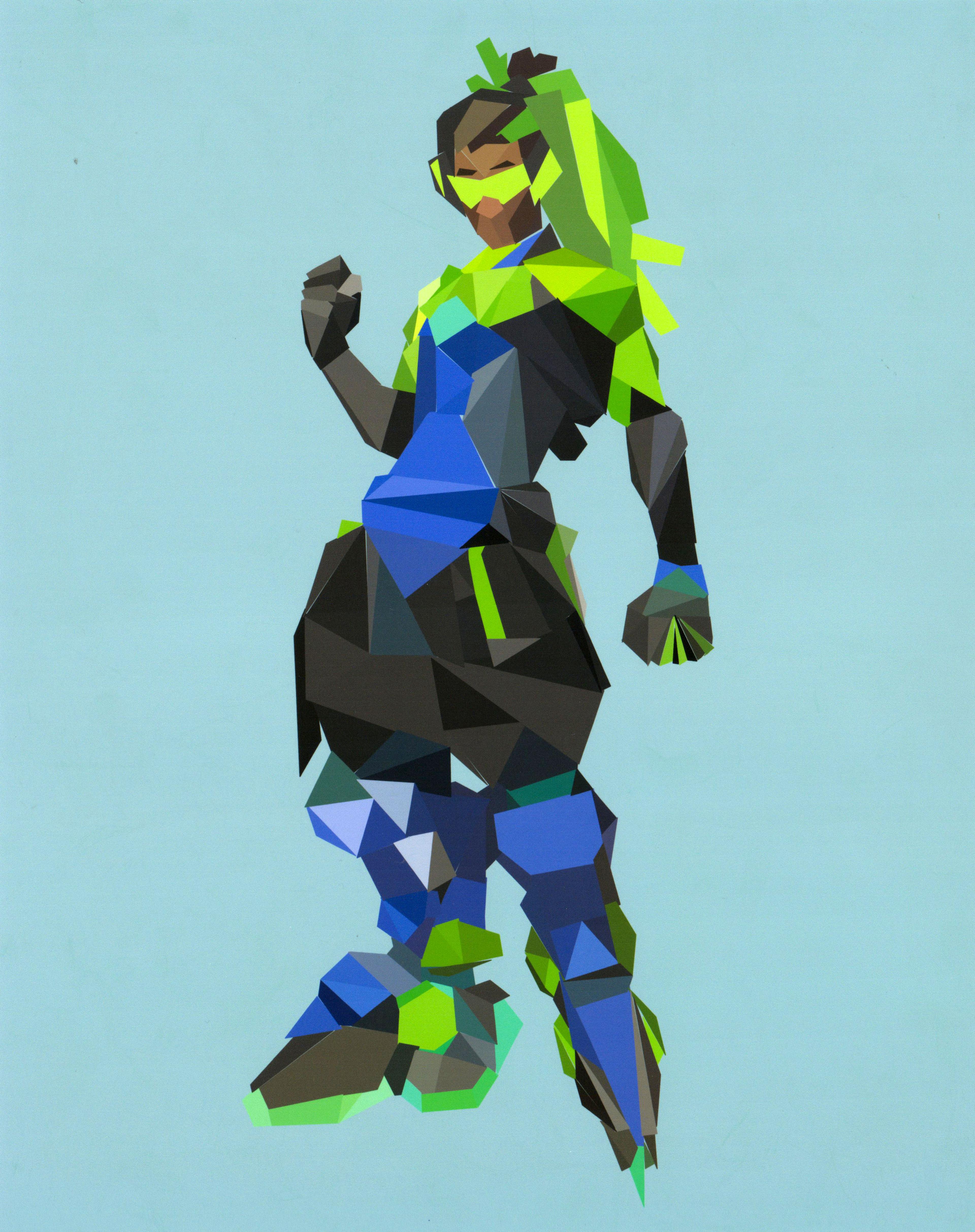 Digital illustration of a Black male figure standing in a hero pose with his right elbow curved and fist raised, staring at the viewer. The figure is abstract and composed entirely of geometric shapes. He wears black pants and long blue boots with yellow-green accents on the feet. He wears a black shirt with a blue tunic on the chest. He has long, yellow-green hair and fluorescent yellow sunglasses. He stands in front of a pale blue background.