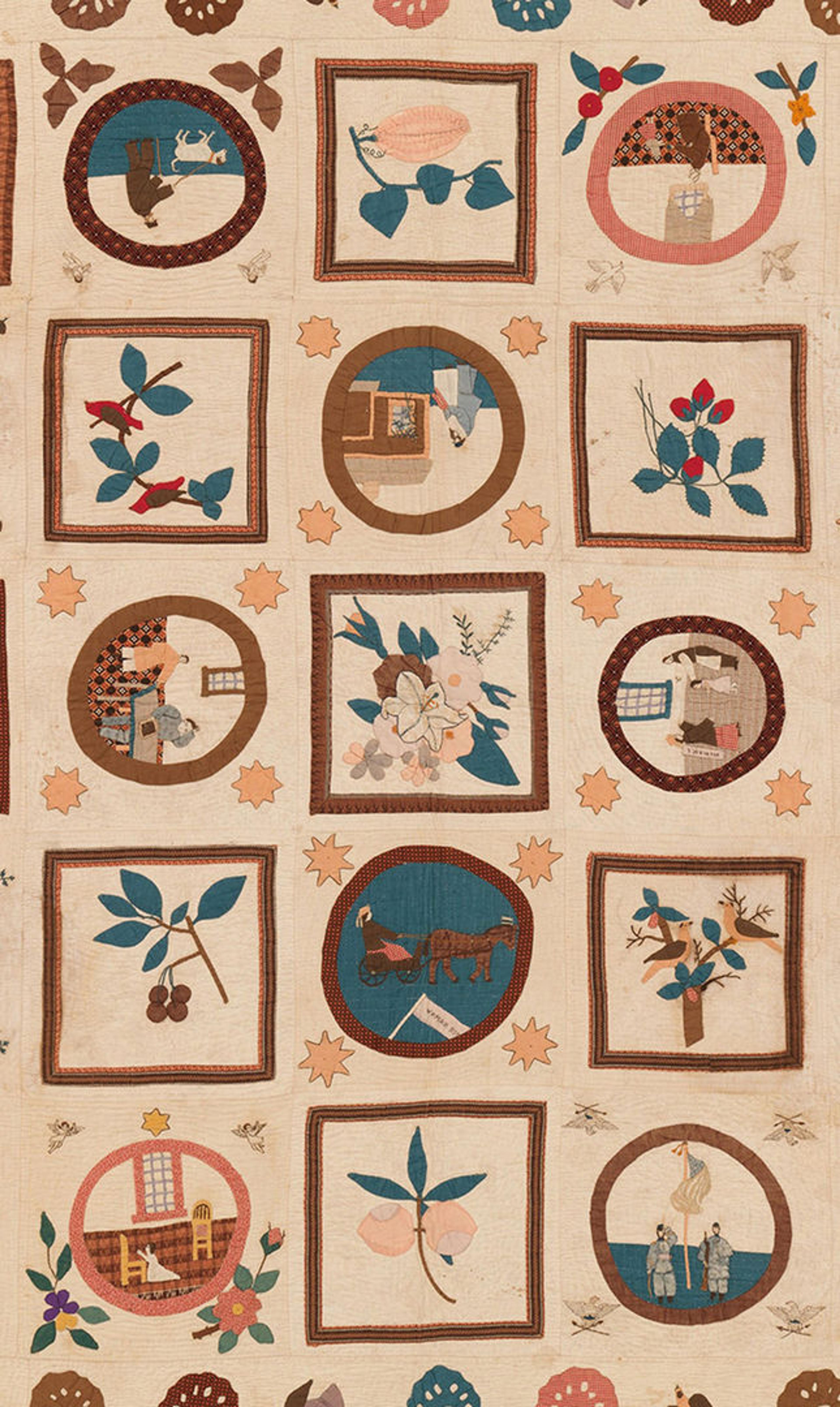 Detail of a quilt by Emma Civey Stahl depicting various floral designs and scenes of life during the Civil War in square and circular vignettes.