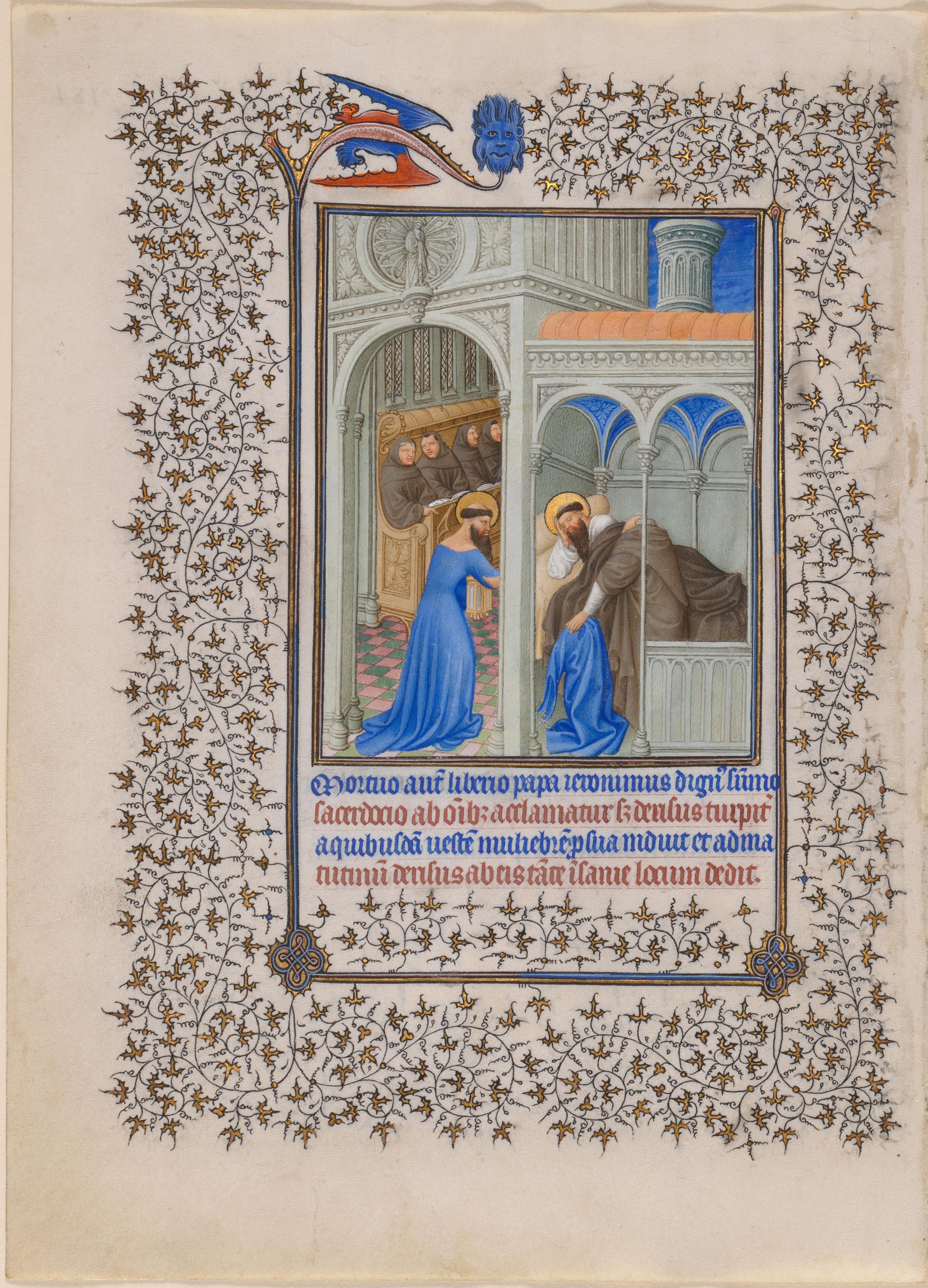 Manuscript folio with a painting showing a man with a halo in a blue dress with monks in brown habits in the background and to the right the figure of a man with a halo sleeping and a concealed figure holding a blue dress