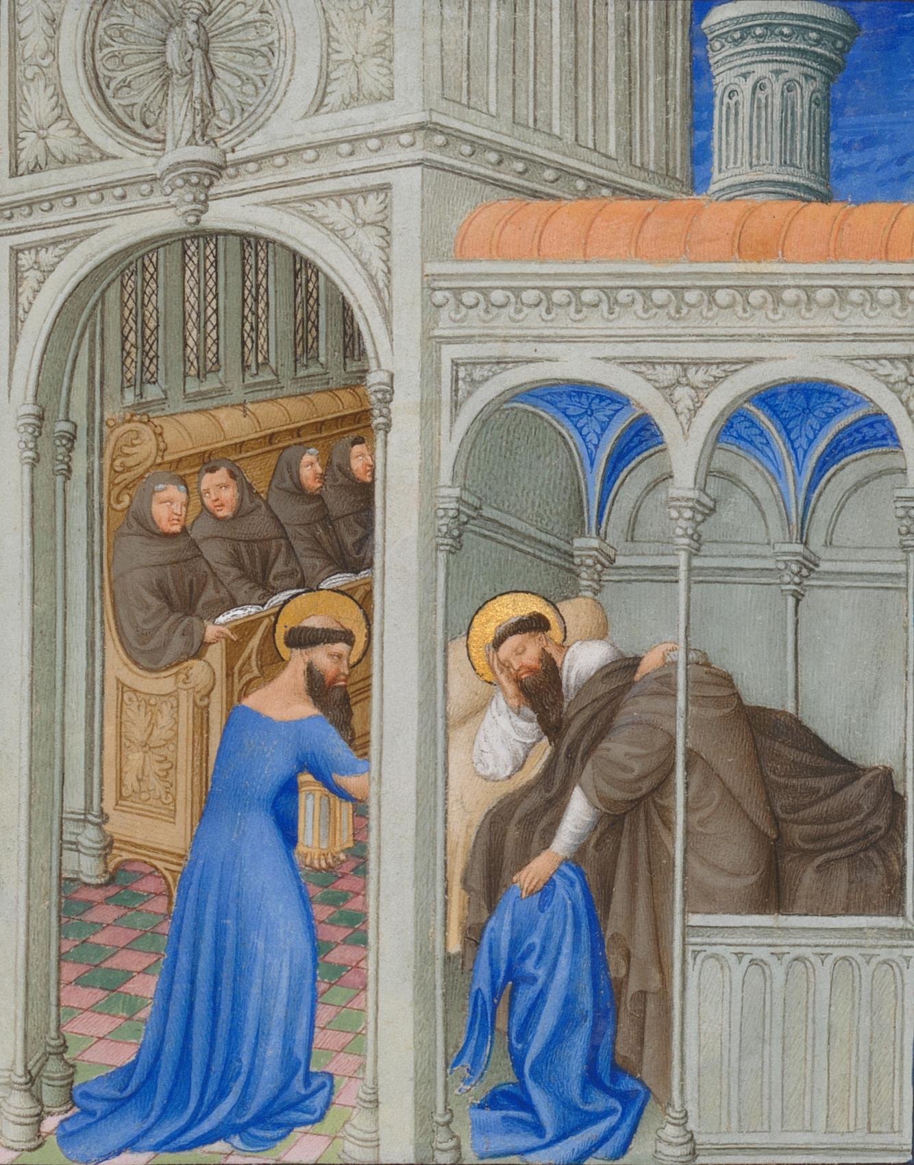 Manuscript folio with a painting showing a man with a halo in a blue dress with monks in brown habits in the background and to the right the figure of a man with a halo sleeping and a concealed figure holding a blue dress