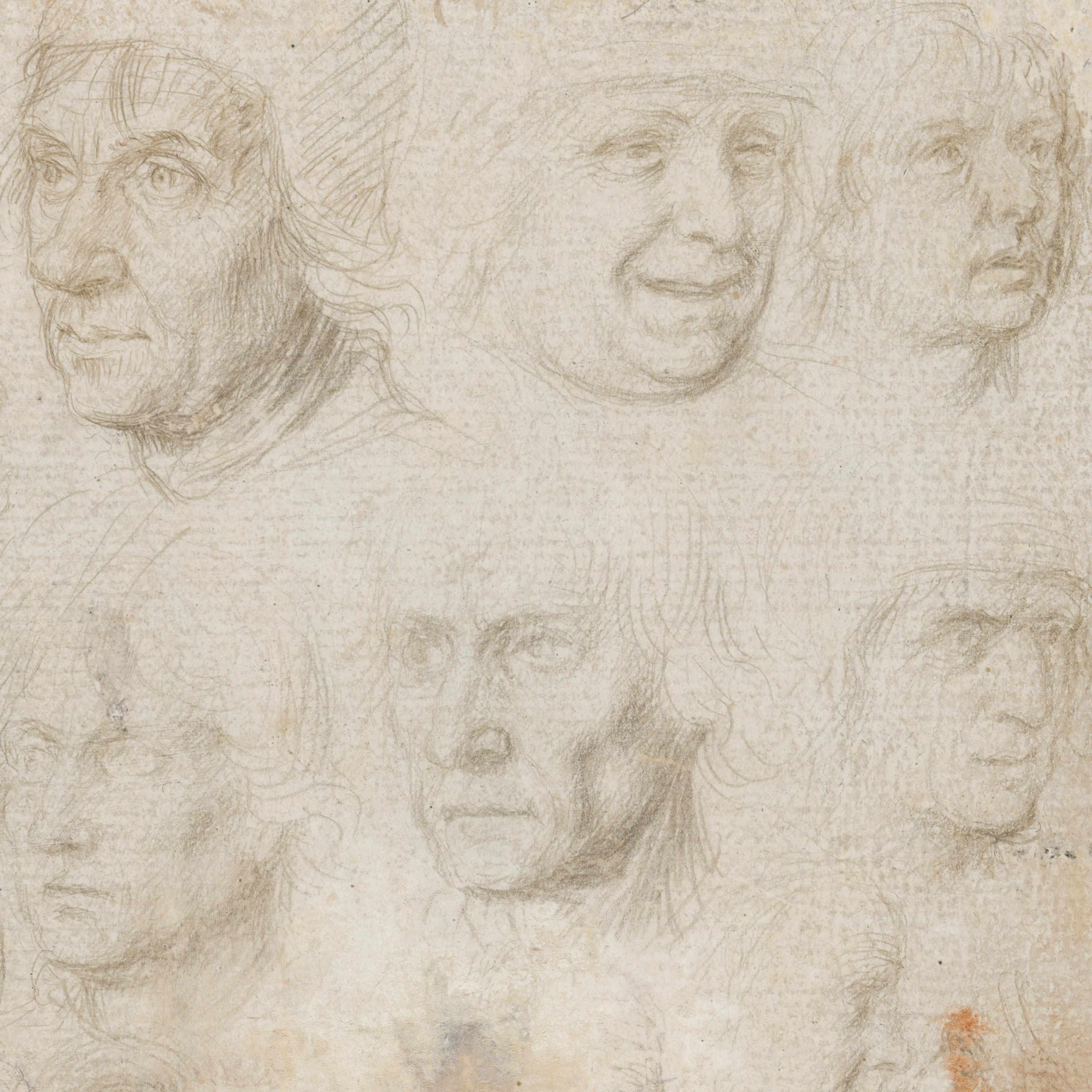 A detailed sketch of the faces of six men in Renaissance caps looking in different directions.