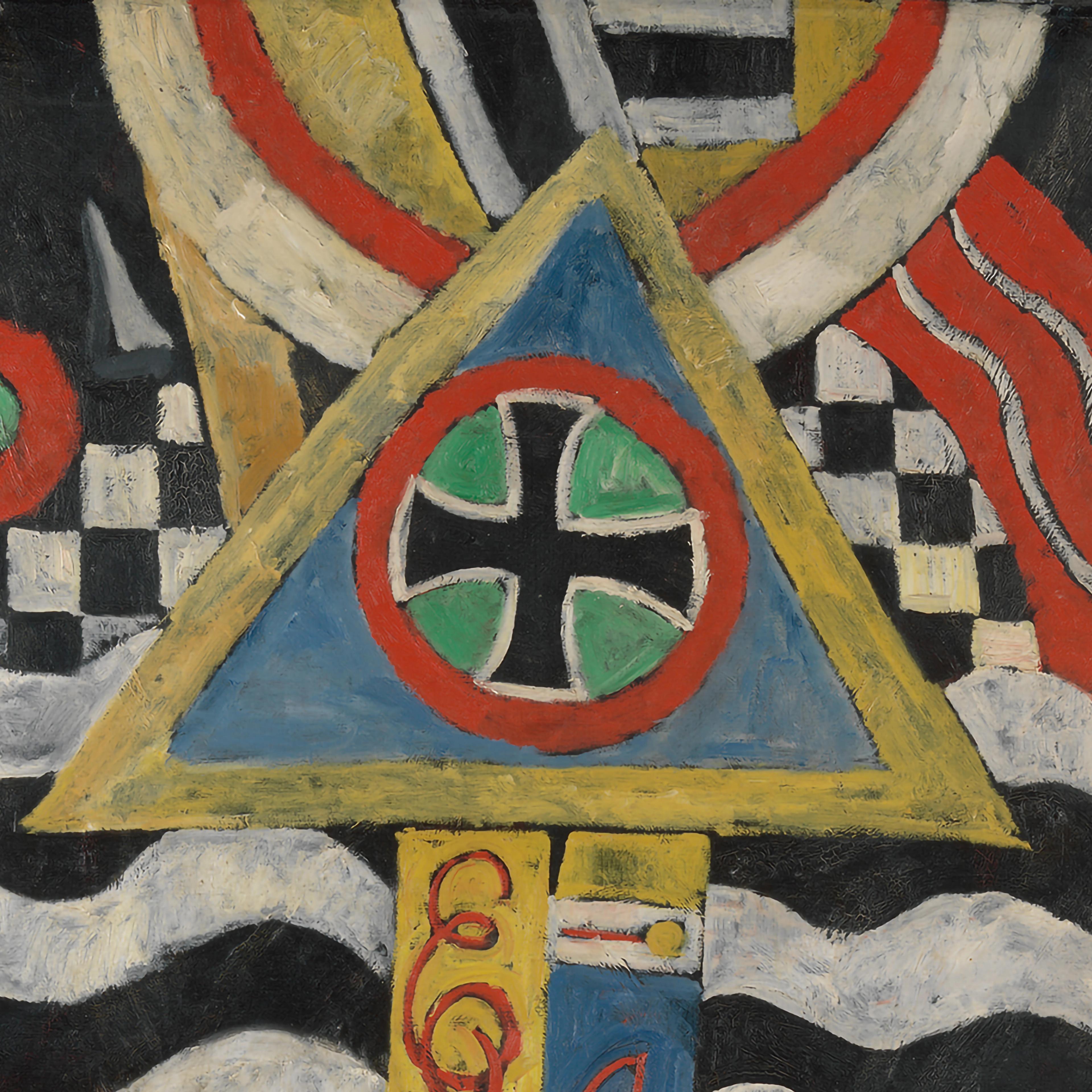 Abstract painting with bold colors shapes. A black cross is framed within a triangle at the center of the painting.