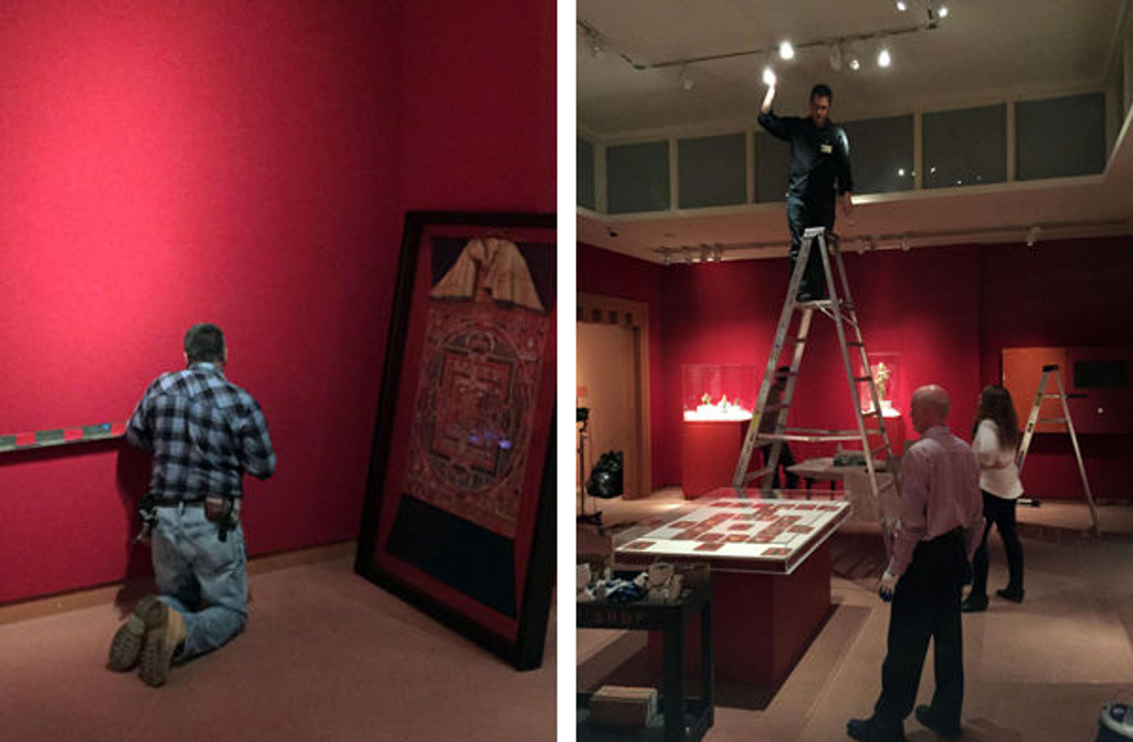 Left: Installation view showing a mount being created to support the adjacent Manjushri Mandala (the Bodhisattva of Transcendent Wisdom). Right: Lighting design is refined in the exhibition's gallery
