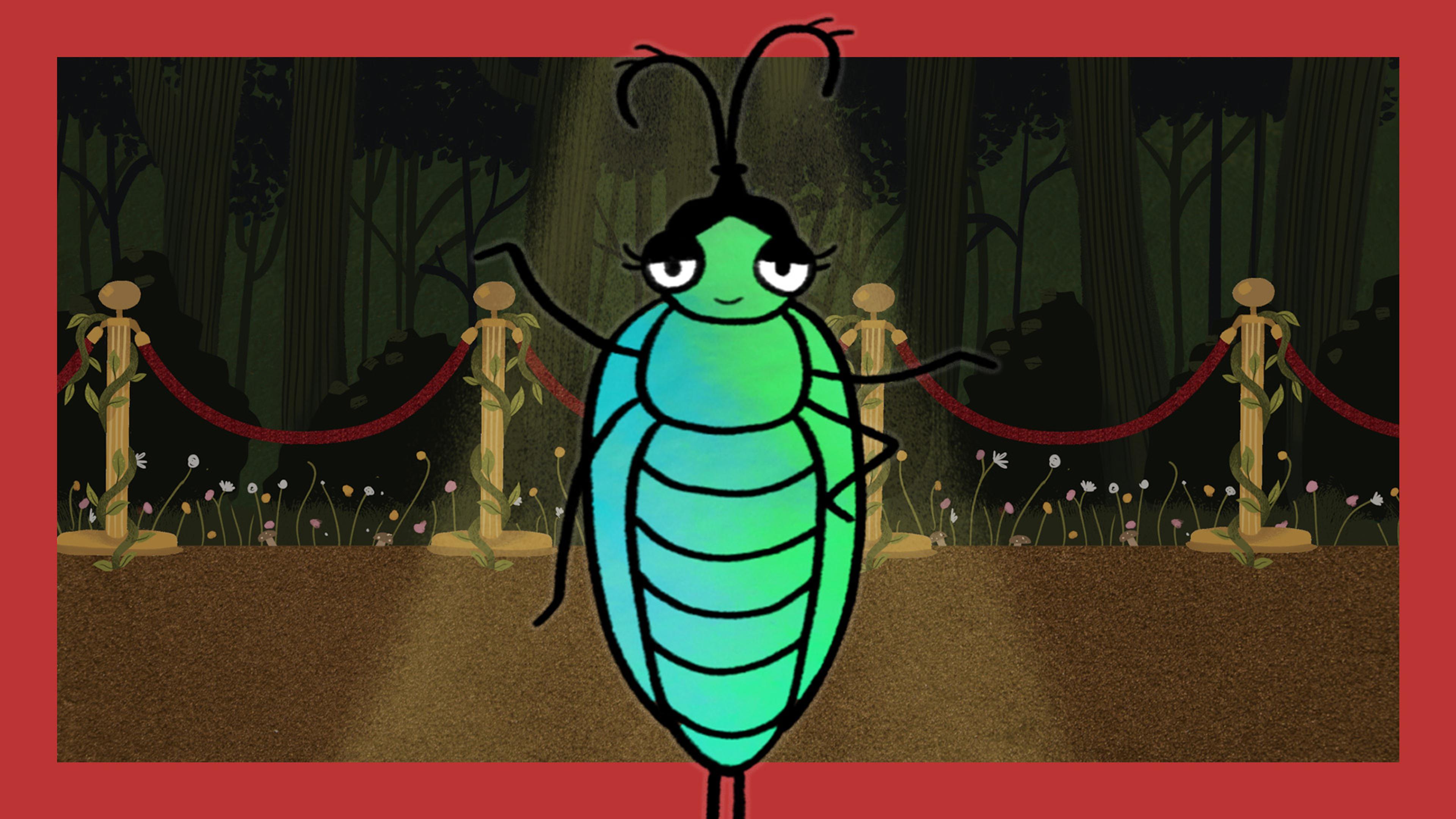 A spotlit, blue-green beetle poses on a carpet.