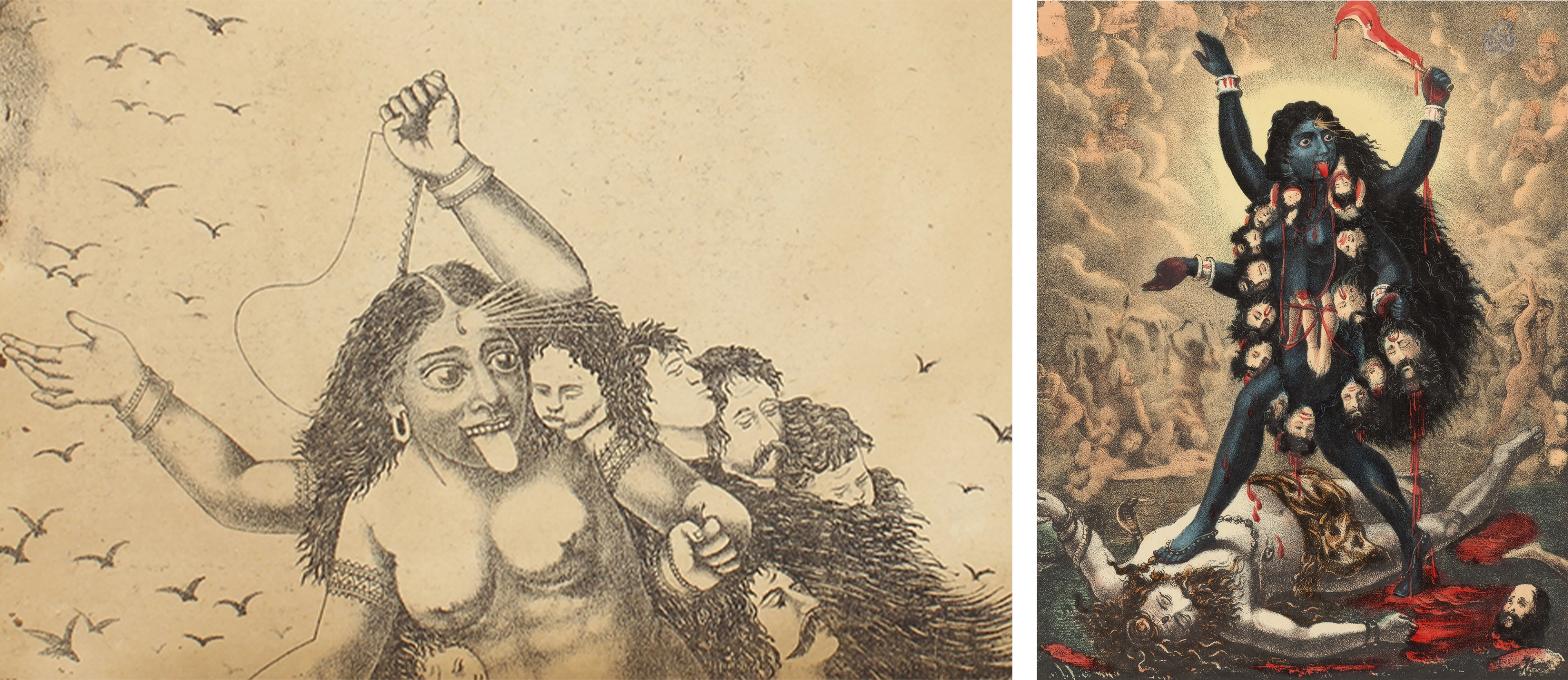 At left, anthropomorphic, black-and-white print depiction of Kali. At right, female figure with long, dark hair and blue skin stands assertively atop a bloodied male figure. Smoke and blurred figures cloud the background.