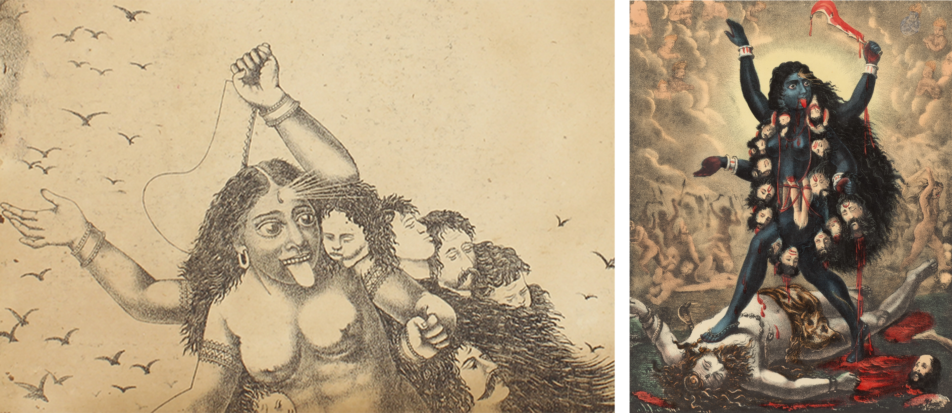 At left, anthropomorphic, black-and-white print depiction of Kali. At right, female figure with long, dark hair and blue skin stands assertively atop a bloodied male figure. Smoke and blurred figures cloud the background.