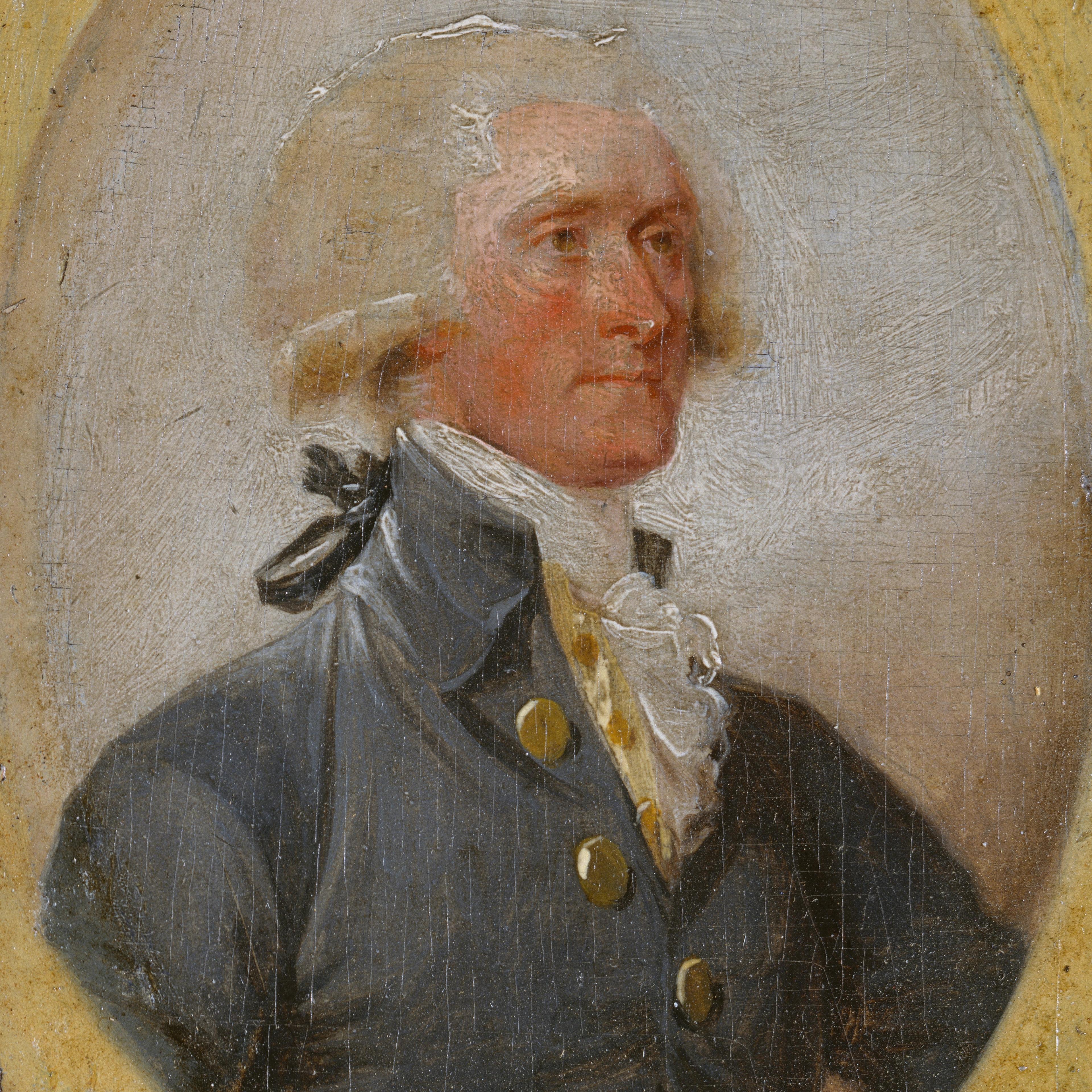 Oil portrait of an 18th-century gentleman with powdered hair, a dark coat, gold buttons, and a white ruffled cravat, gazing calmly.