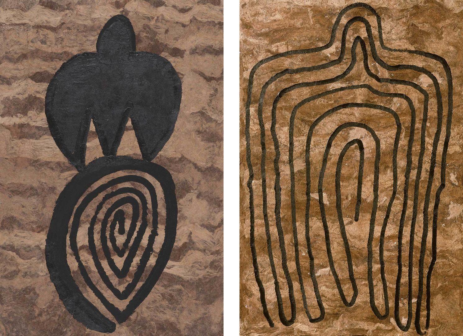 Two works by Ana Mendieta depicting pictographs resembling humanoid figures
