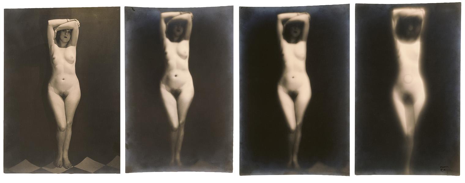 Four sepia-toned images of a nude figure standing with arms raised, gradually blurred from left to right, conveying a sense of fading or abstraction.