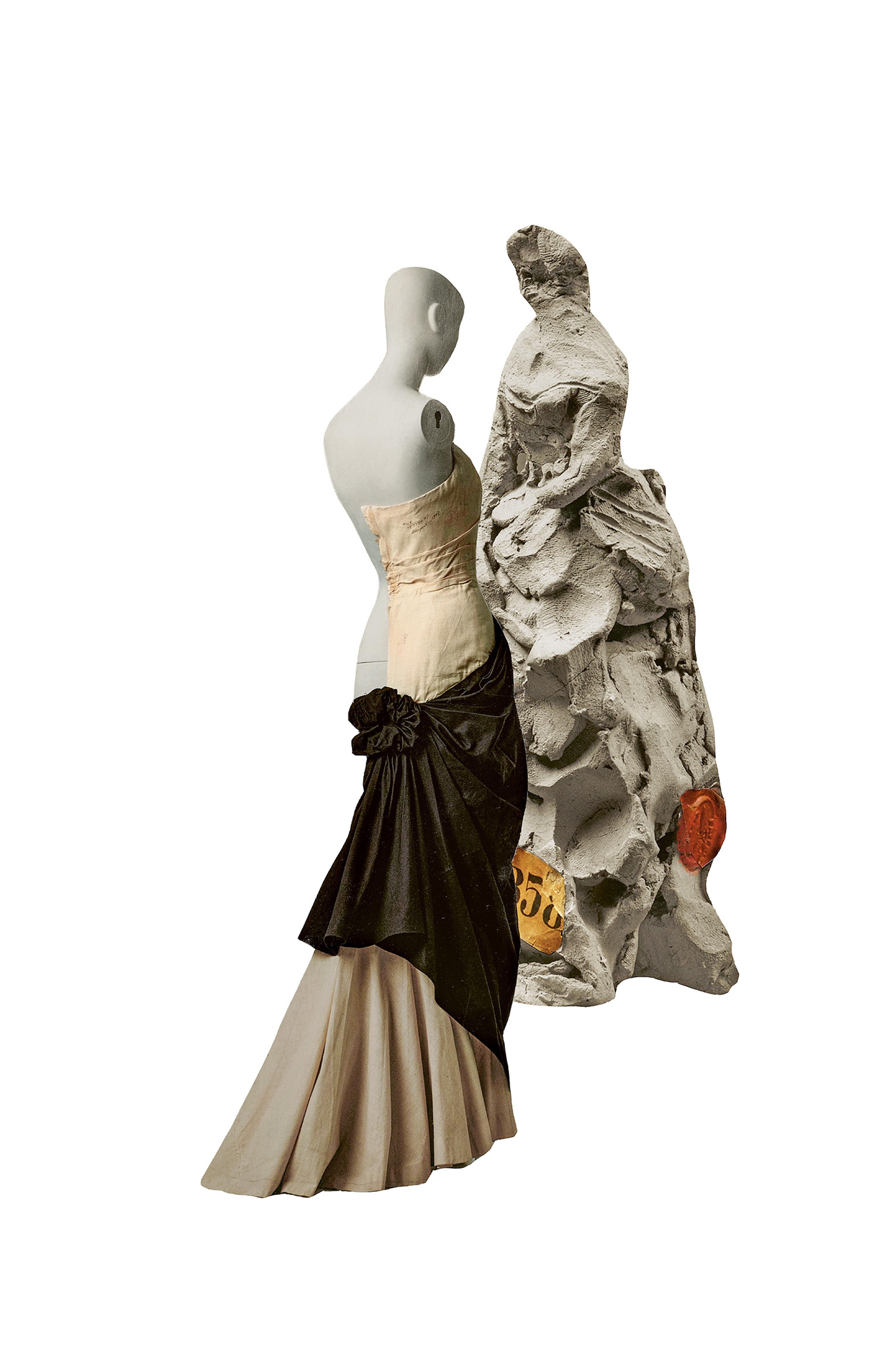 A headless mannequin in an elegant beige and black ruffled dress stands beside an abstract, textured gray sculpture