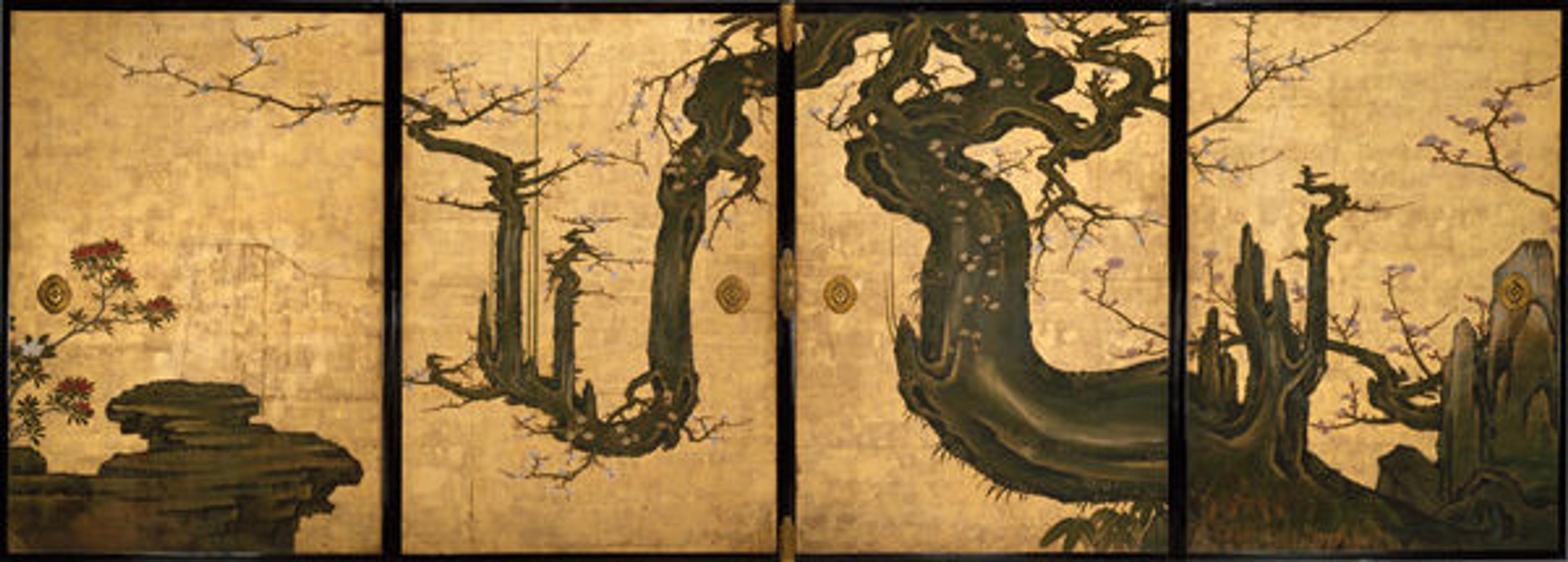 Kano Sansetsu (Japanese, 1590–1651). The Old Plum, 1646. Japan, Edo period (1615–1868). Four sliding-door panels (fusuma); ink, color, gold, and gold leaf on paper; Overall (of all four panels): 68 3/4 x 191 1/8 in. (174.6 x 485.5 cm). The Metropolitan Museum of Art, New York, The Harry G. C. Packard Collection of Asian Art, Gift of Harry G. C. Packard, and Purchase, Fletcher, Rogers, Harris Brisbane Dick, and Louis V. Bell Funds, Joseph Pulitzer Bequest, and The Annenberg Fund Inc. Gift, 1975 (1975.268.48a–d)