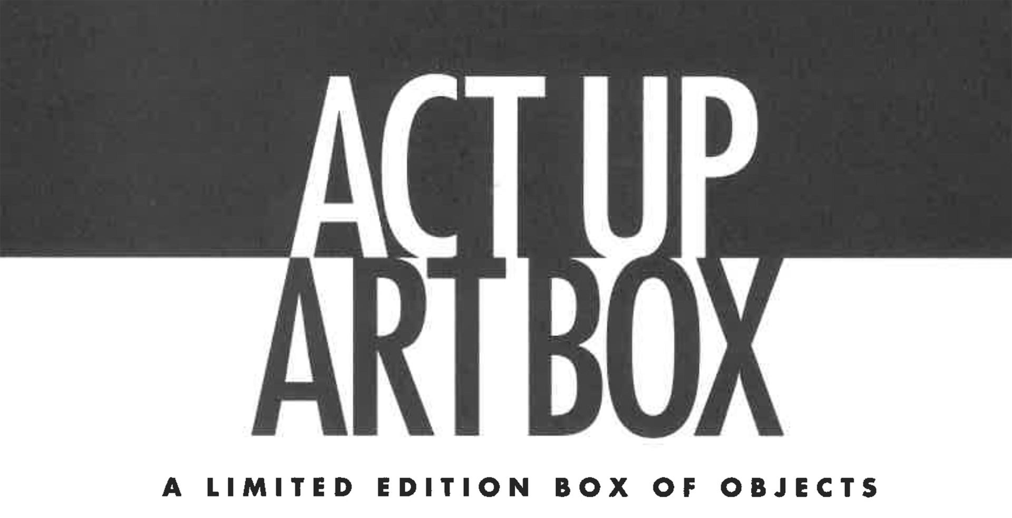 Detail of the pamphlet for the Act Up Art Box with the text "A limited edition box of objects"