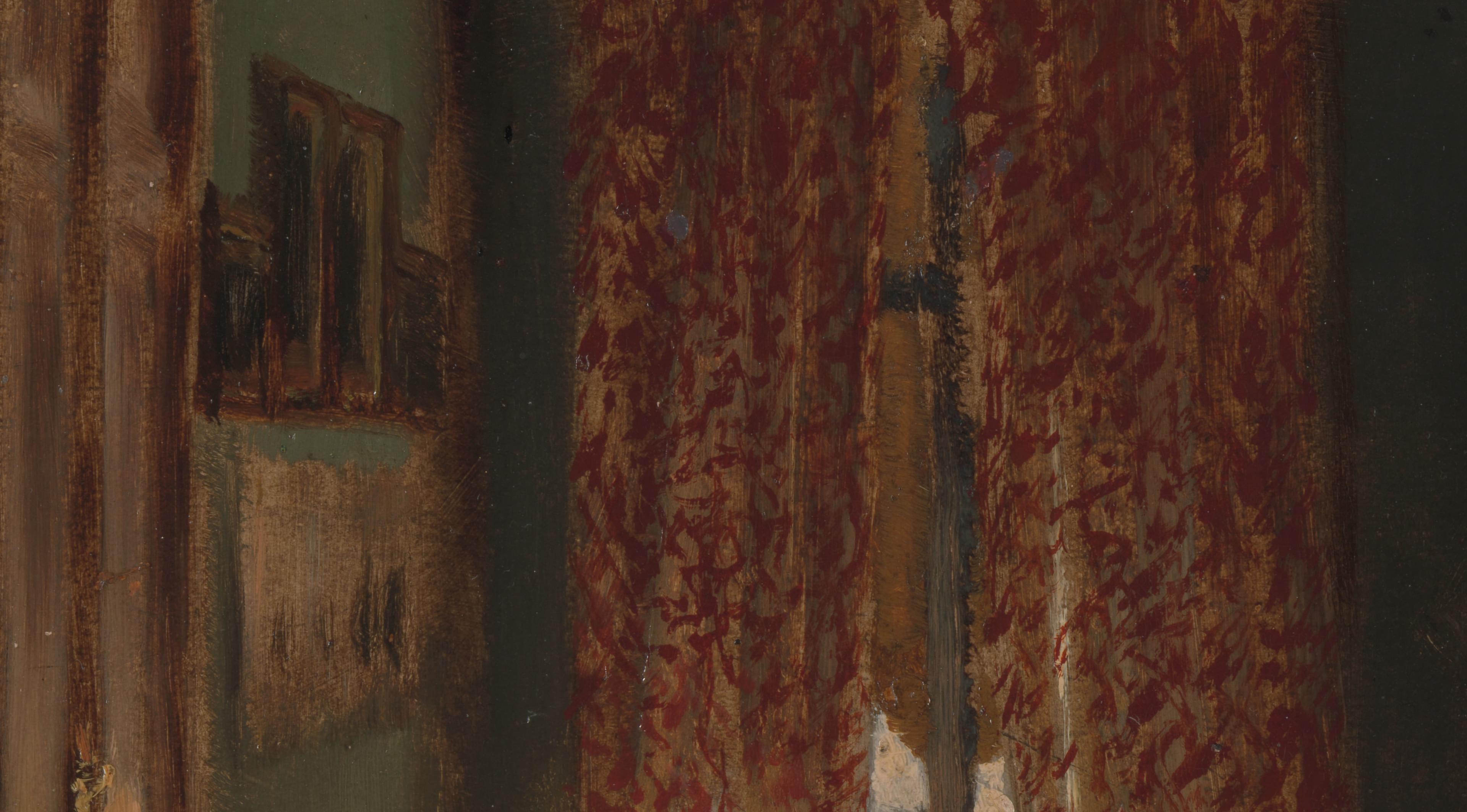 Painting showing the corner of a room. Framed pictures hang on the wall at left, adjacent to a window covered in red and gold curtains.