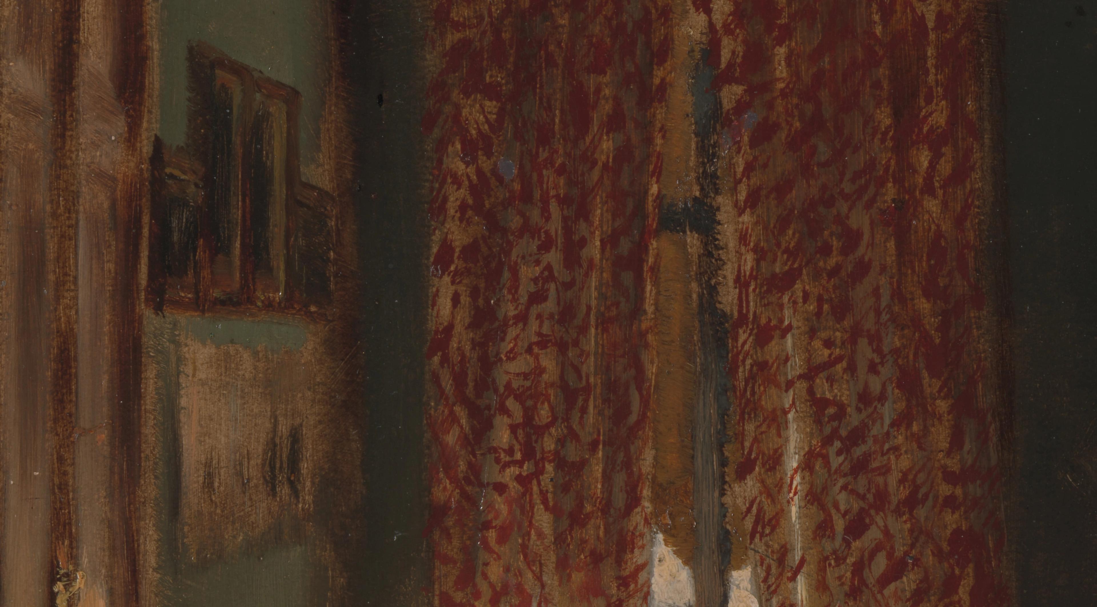 Painting showing the corner of a room. Framed pictures hang on the wall at left, adjacent to a window covered in red and gold curtains.