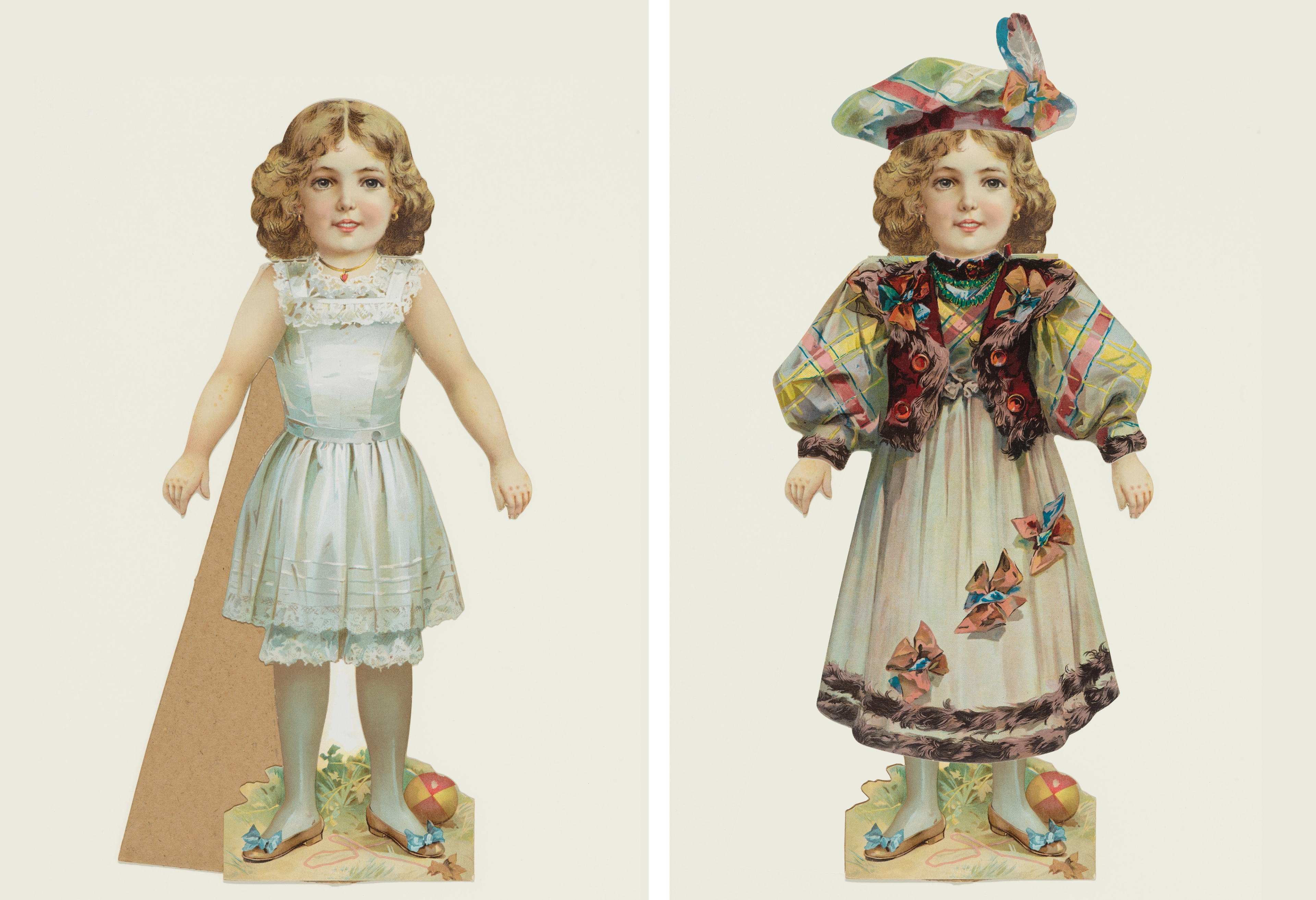A two-panel image with a paper doll with soft features and curly hair on the left, and the same doll is featured on the right wearing a hat and dress set with a colorful plaid pattern and floral accents.