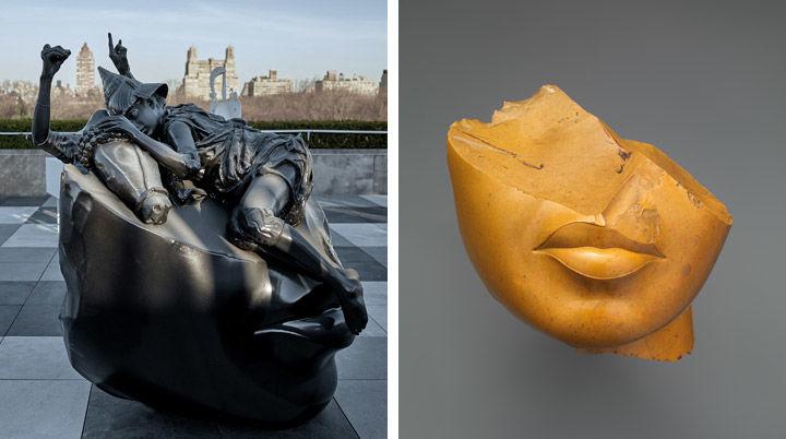 Left: View of Adrian Villar Rojas's Theater of Disappearance on The Met's Cantor Roof Garden. Right: fragment of a queen's head from Ancient Egypt