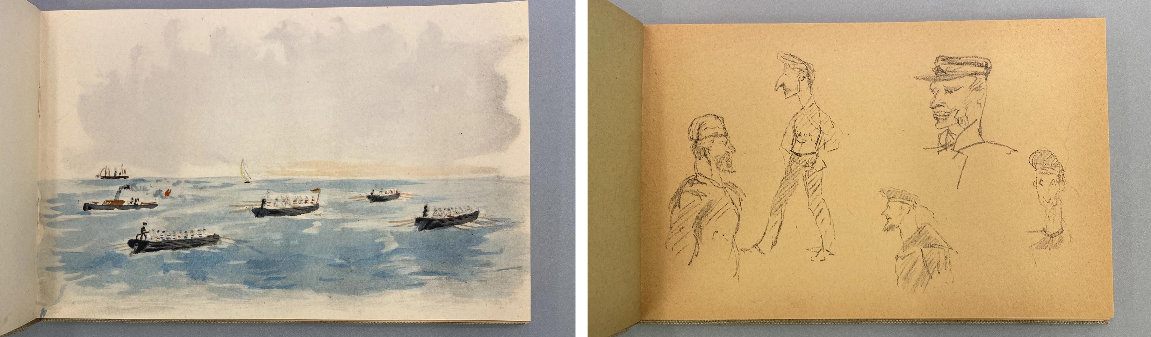 One illustration of boats at sea, and sketches of various people