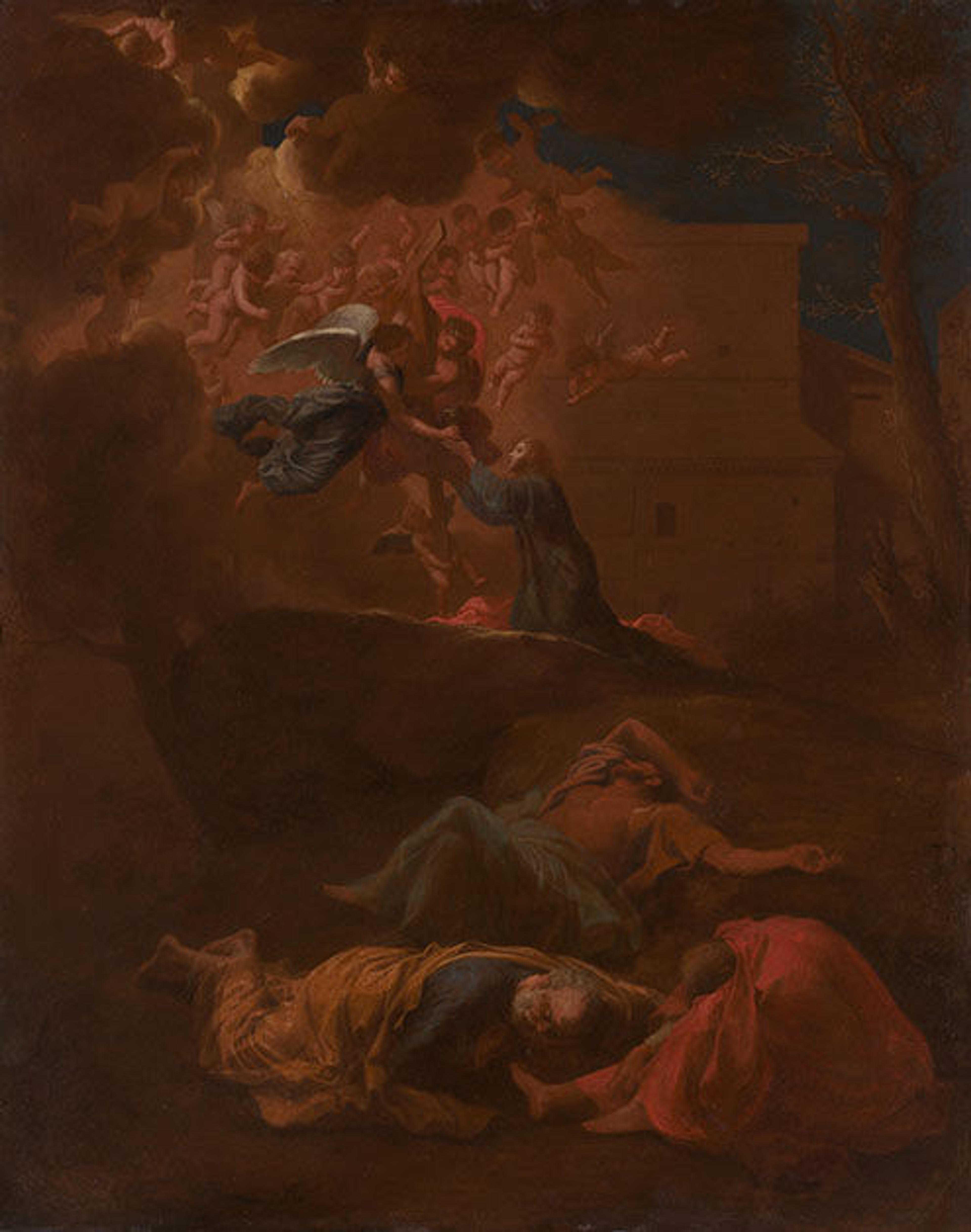 Nicolas Poussin, The Agony in the Garden, created between 1626–27. In this intimately scaled, jewel-like painting, a zig-zag composition unites two scenes: Christ anticipates his mortal death by crucifixion, while his disciples slumber.
