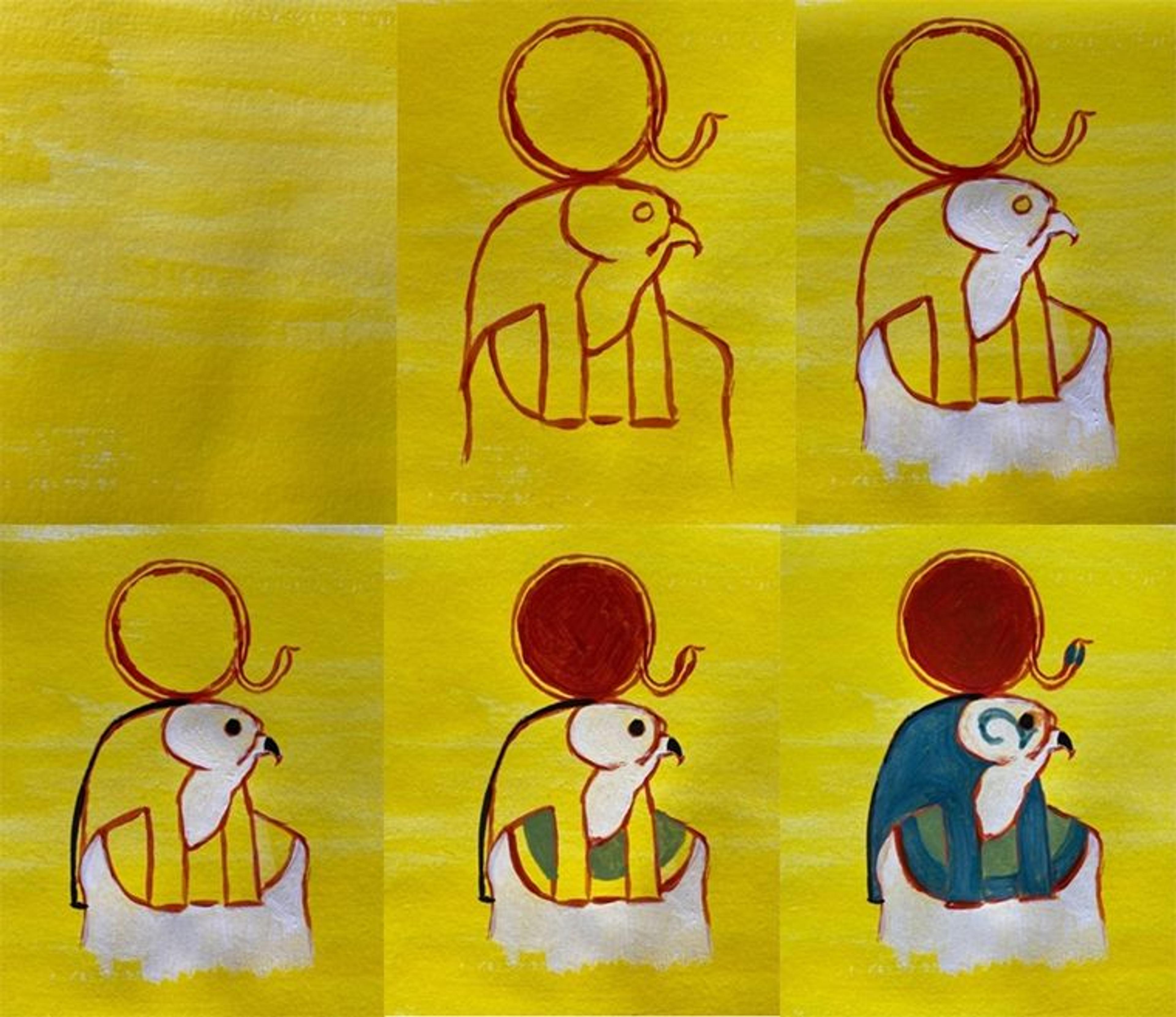 A six panel step-by-step demonstration of a falcon-headed ancient Egyptian god being painted.