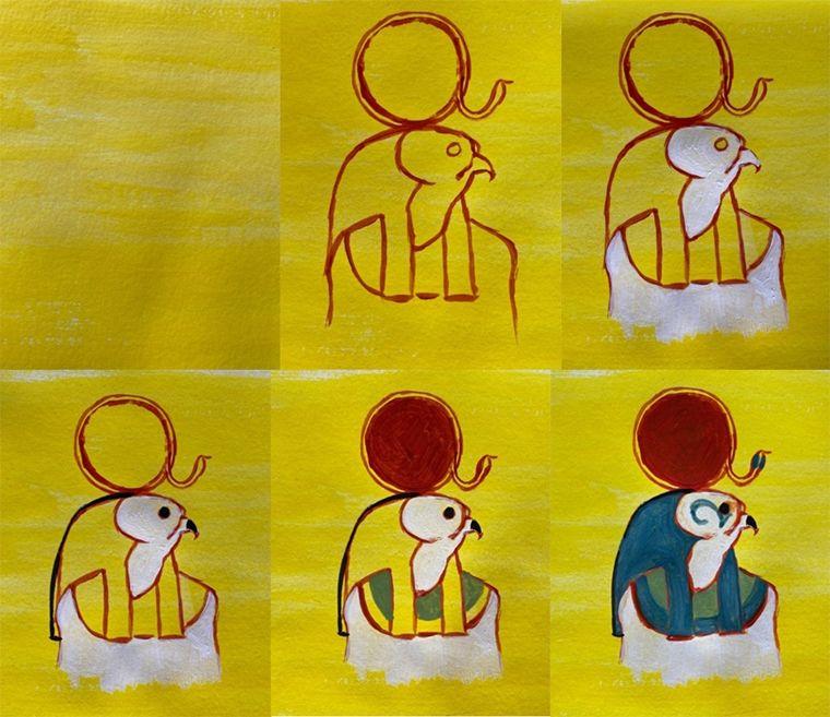 A six panel step-by-step demonstration of a falcon-headed ancient Egyptian god being painted.