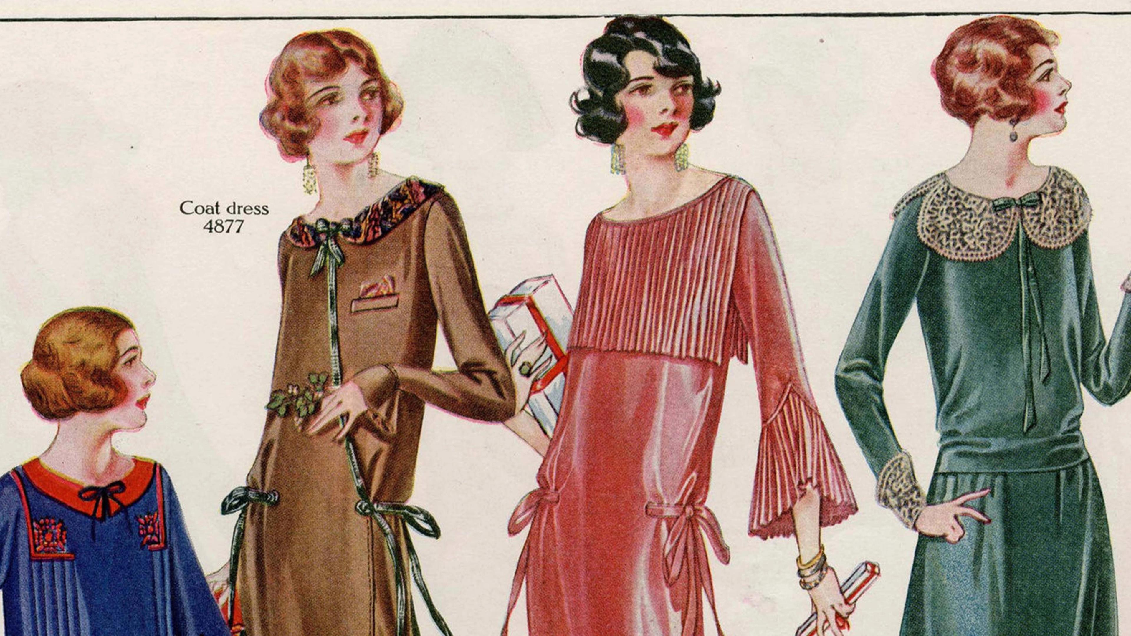 A vintage fashion illustration of four women modeling 1920s dresses with dropped waists, decorative collars, bows, and flowing sleeves in various colors