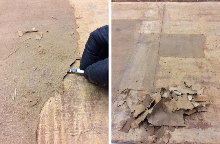 Two views of conservation treatment for a painting involving scraping away canvas lining