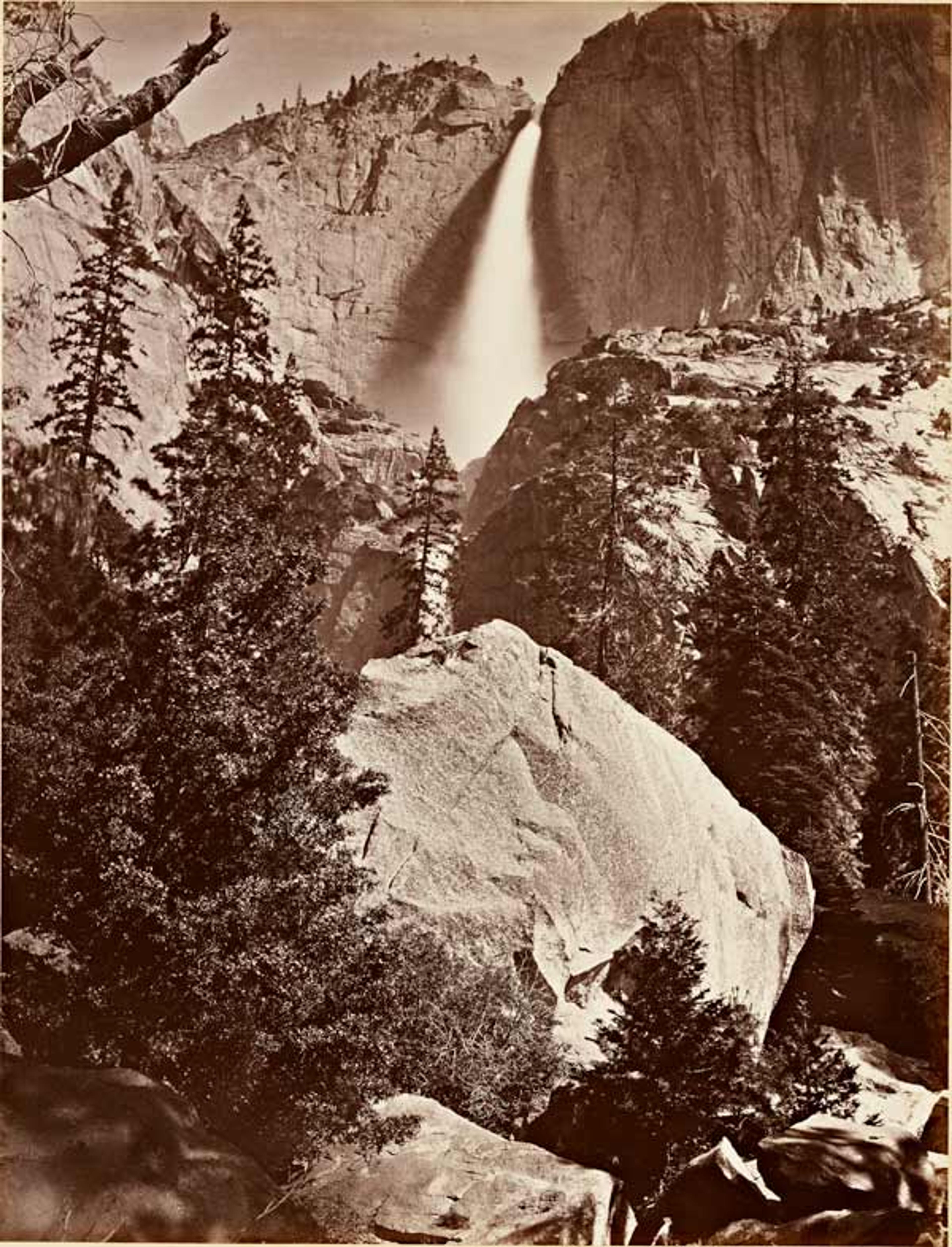 Carleton Watkins (American, 1829–1916). Upper Yosemite Fall, Yosemite, 1865–66. Albumen silver print from glass negative. Lent by Department of Special Collections, Stanford University Libraries