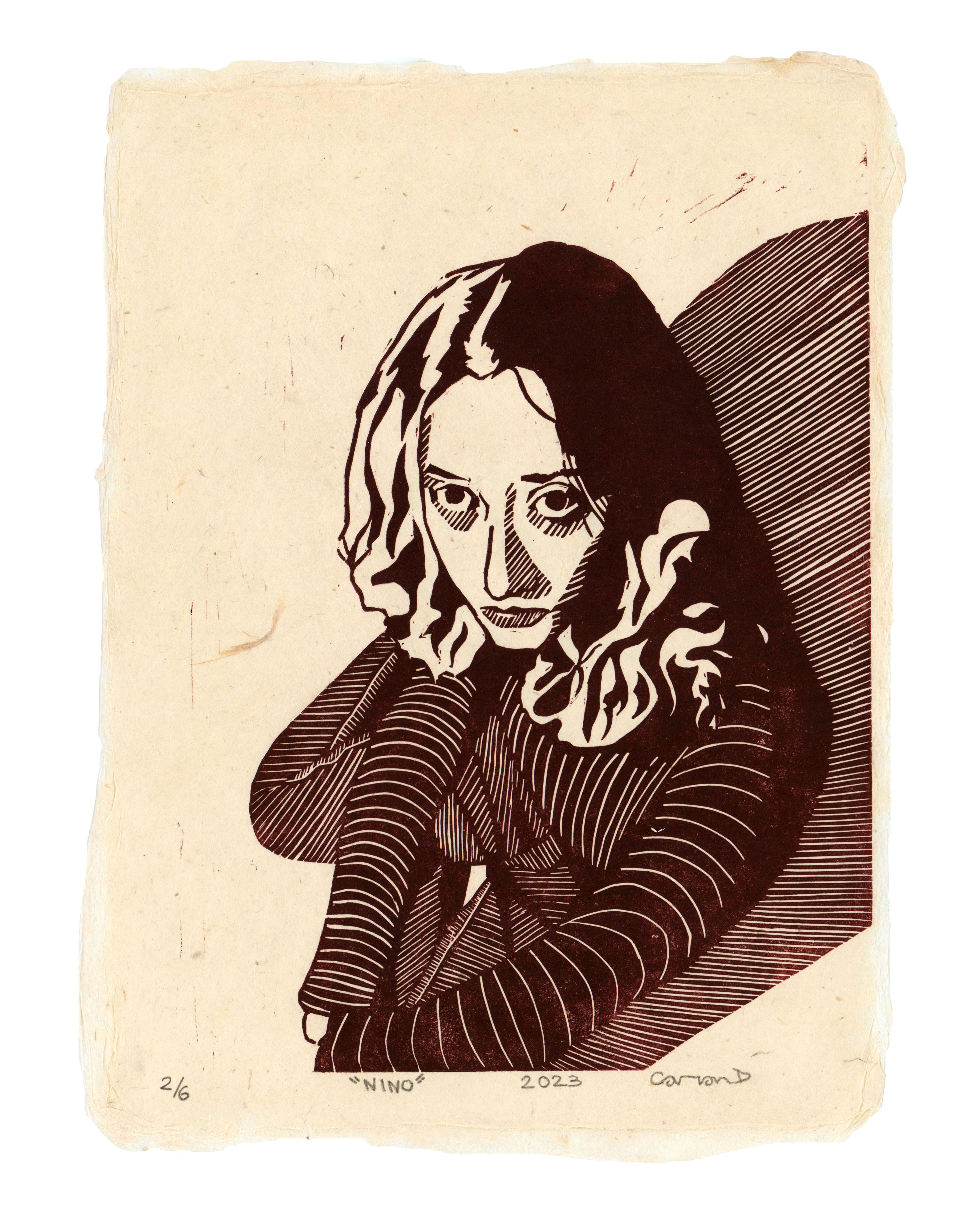 Linocut print of an adolescent girl reclining and staring upward to the left. Seen from overhead, the girl is seated and leaning with her legs tucked beneath her. She wears dark pants and a long-sleeved dark shirt with tight rows of white horizontal stripes on the chest and arms. Her hands are together and covered by her long shirt sleeves. She has long, wavy, shoulder-length hair, and a long, crosshatched shadow extends behind her entire body to the right. Beneath the illustration are the words 2/6, "Nino," 2023, and Cameron D.