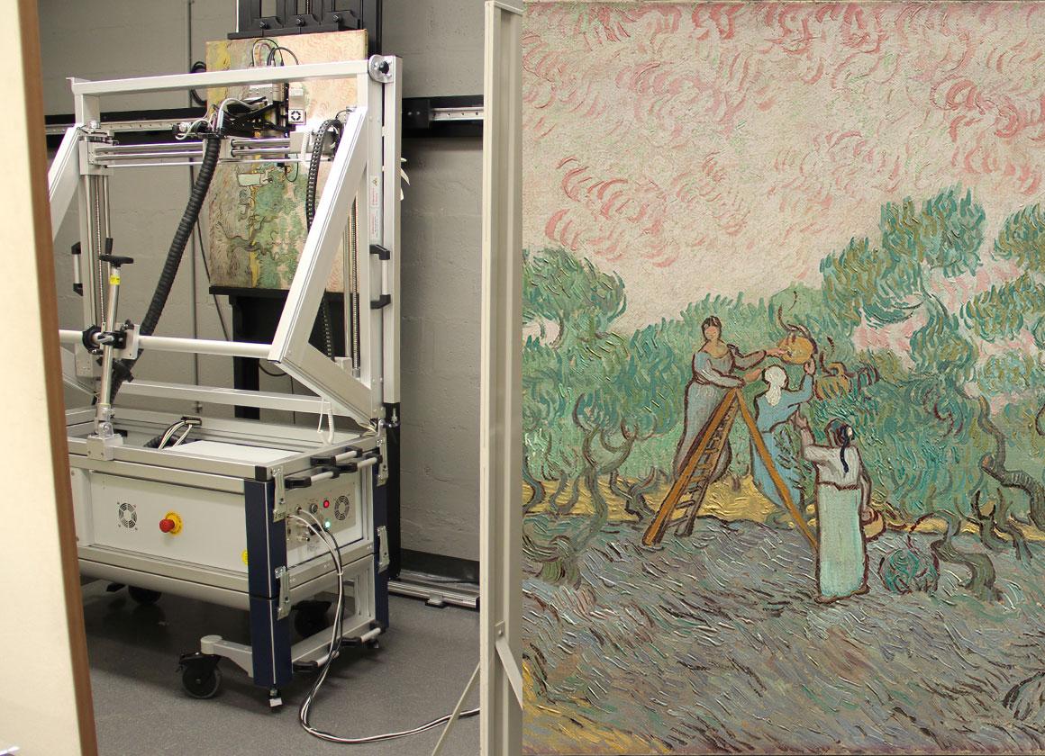 Two images side by side. At left, a macro XRF instrument scans the surface of a painting by van Gogh depicting olive groves. The painting is on an easel and sits on its right side. At right, a detail of Women Picking Olives by Vincent Van Gogh, depicting three women collecting olives in clay jugs set against a heavily impastoed pink sky and purple fields.