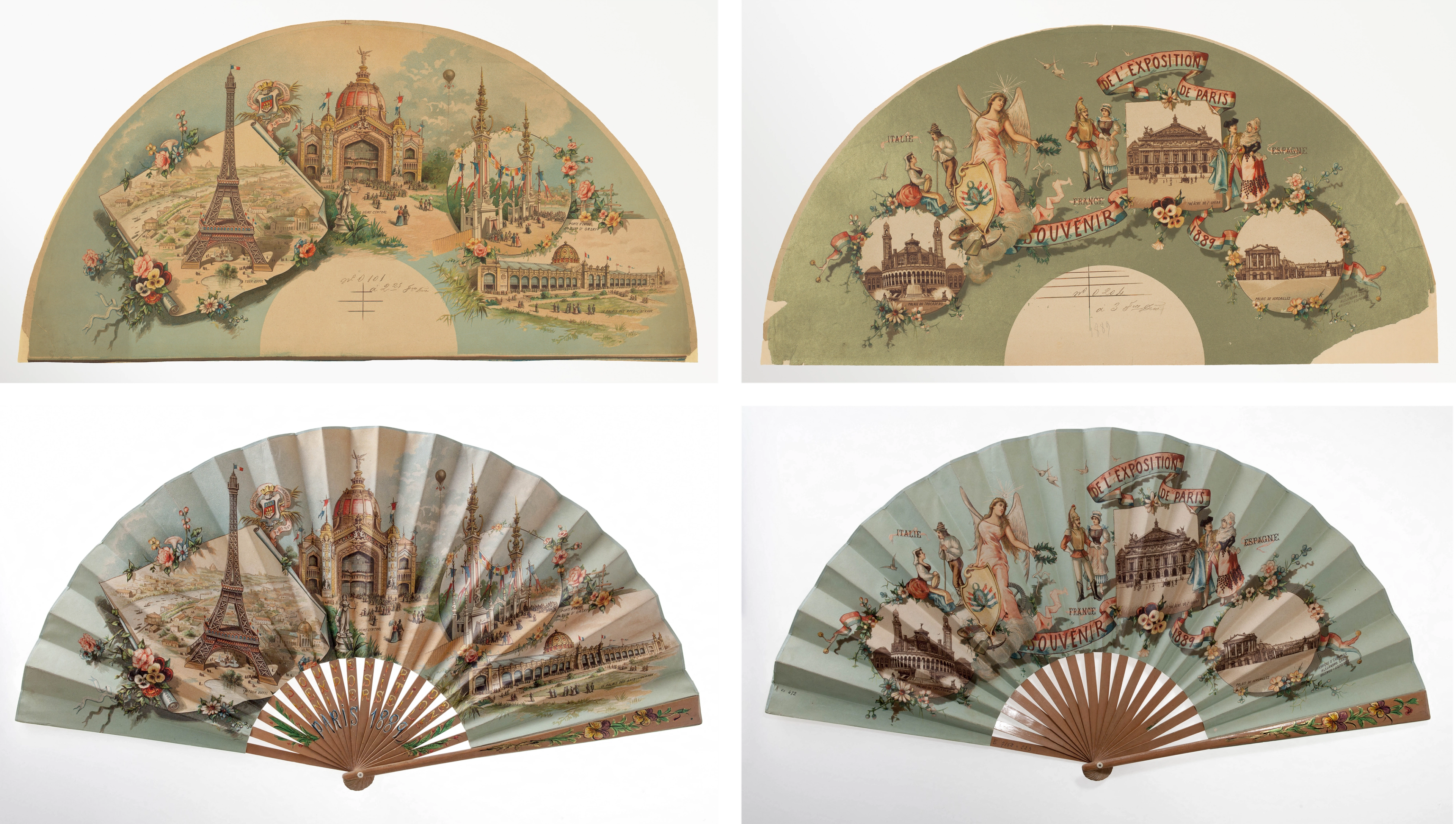 Fans showing stylized national landmarks of France.