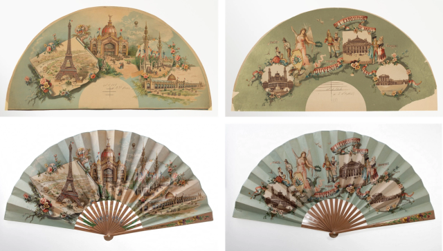 Fans showing stylized national landmarks of France.