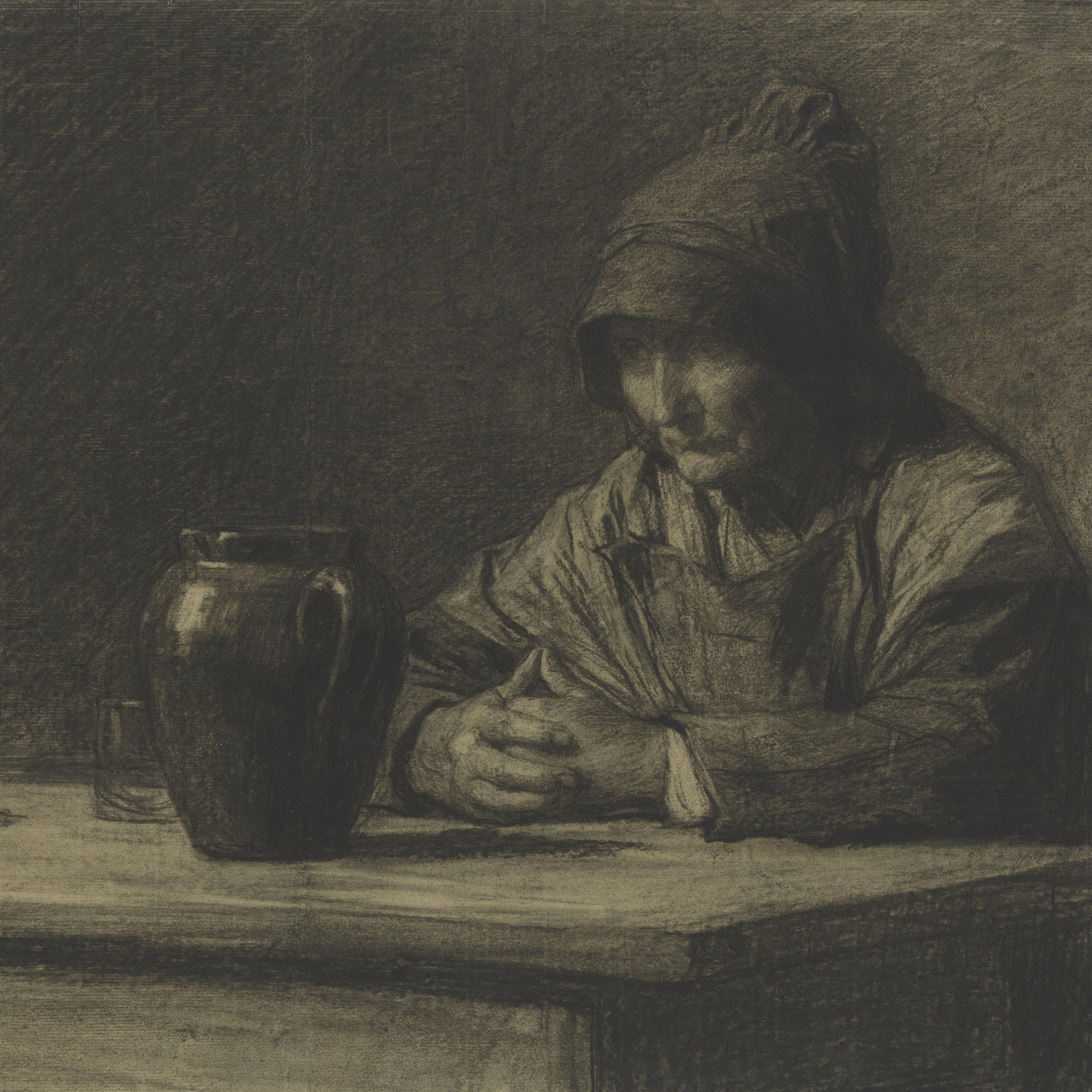A charcoal drawing of a cloaked elderly figure seated at a table with a vase on it.